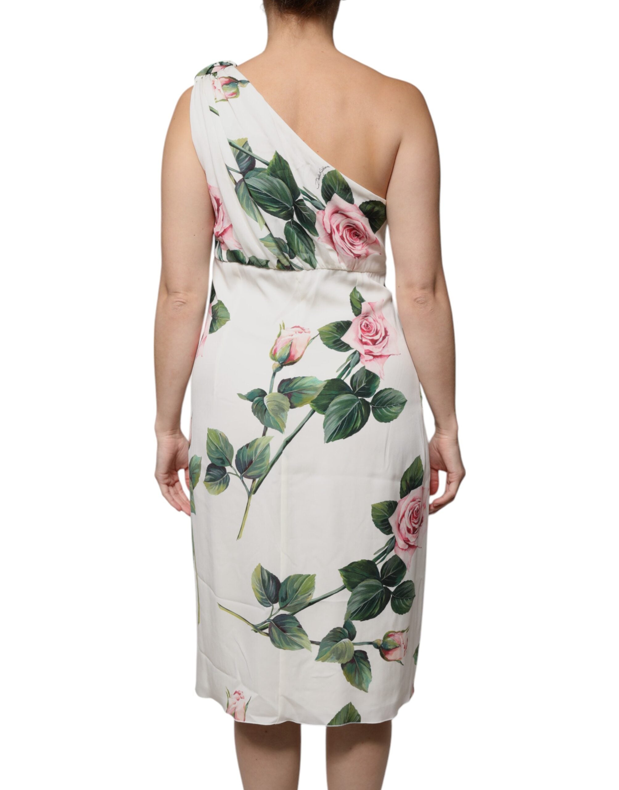 Dolce & Gabbana White Floral Silk One Shoulder Midi Women's Dress
