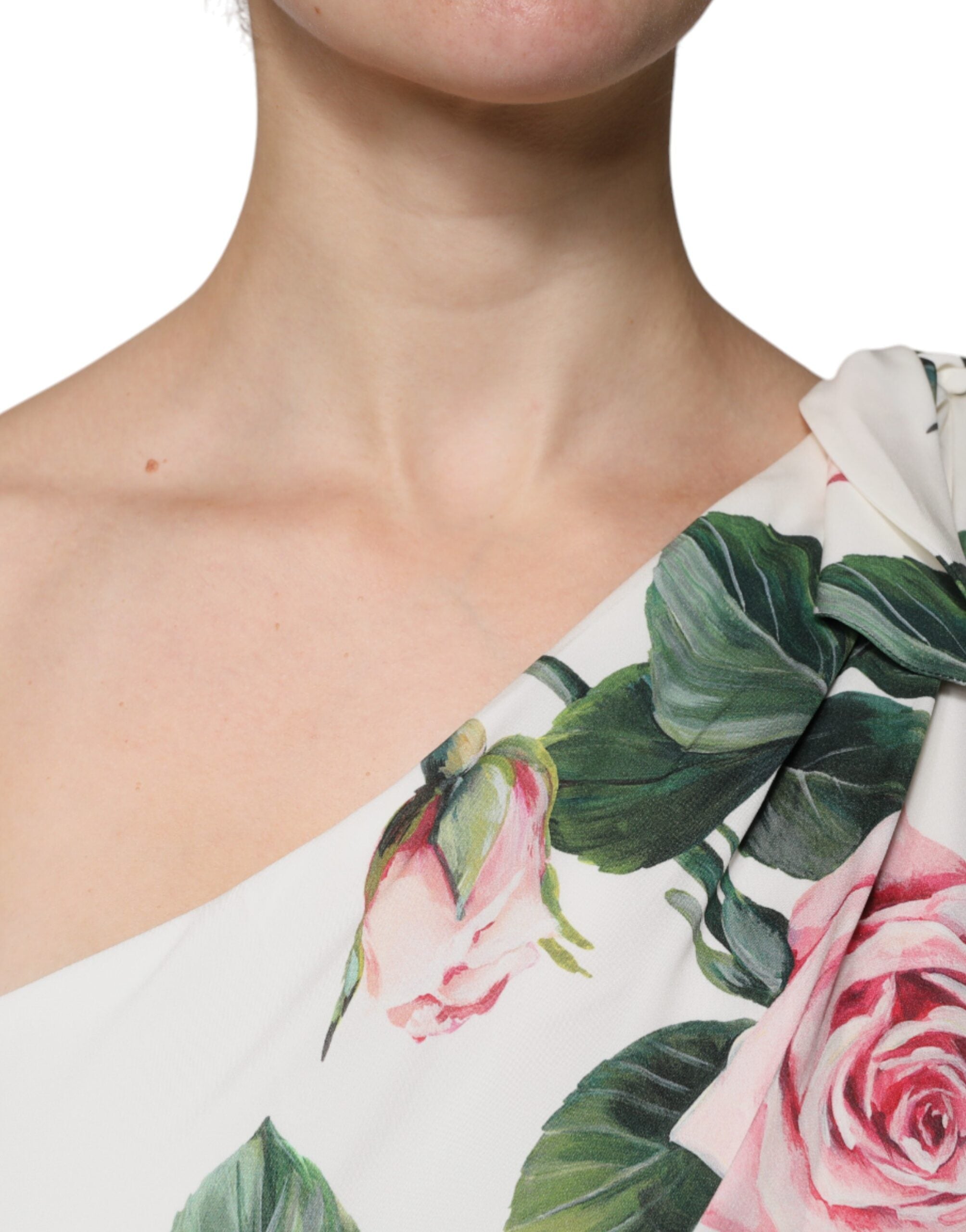 Dolce & Gabbana White Floral Silk One Shoulder Midi Women's Dress
