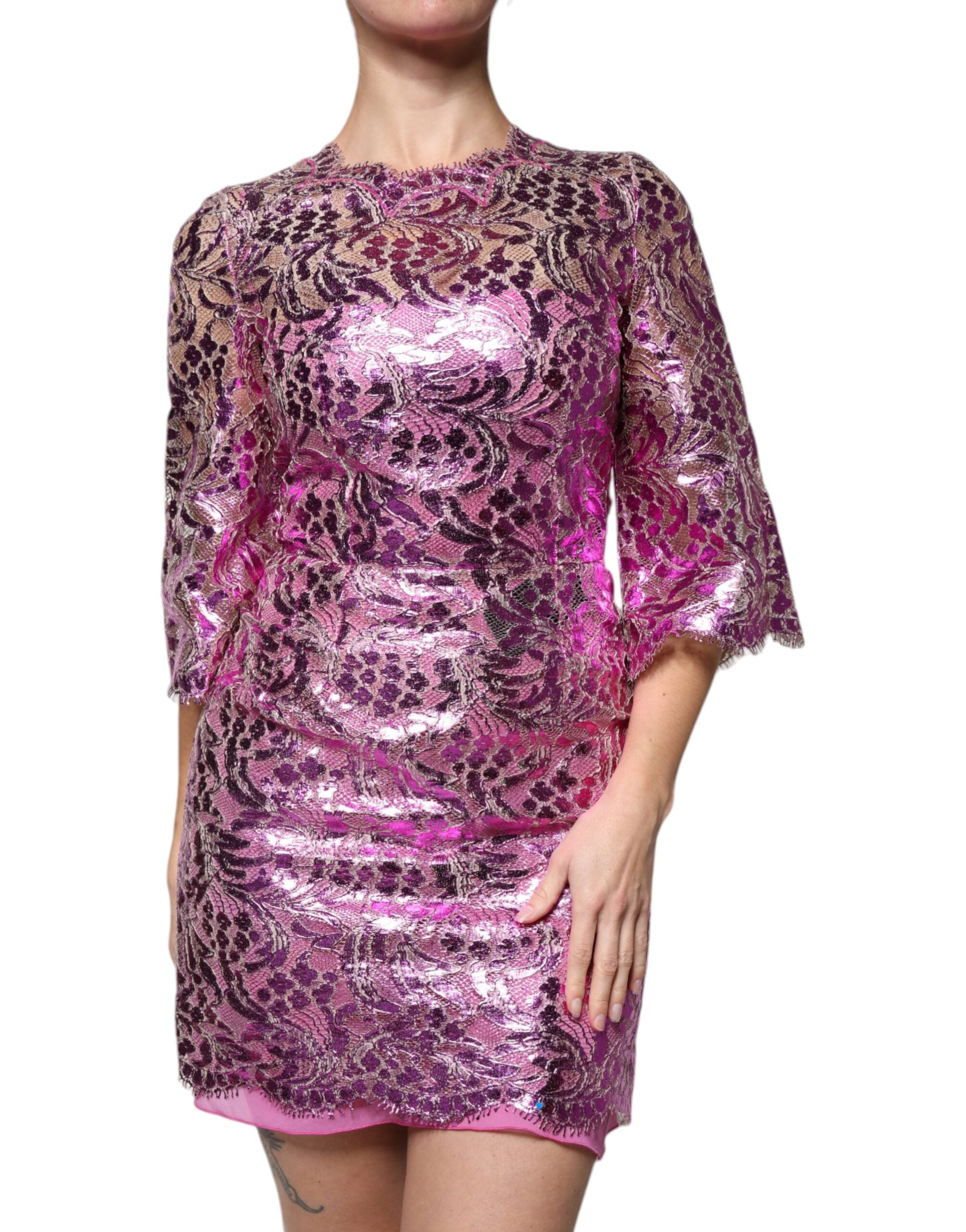 Dolce & Gabbana Metallic Fuchsia Floral Sheath Mini Women's Dress