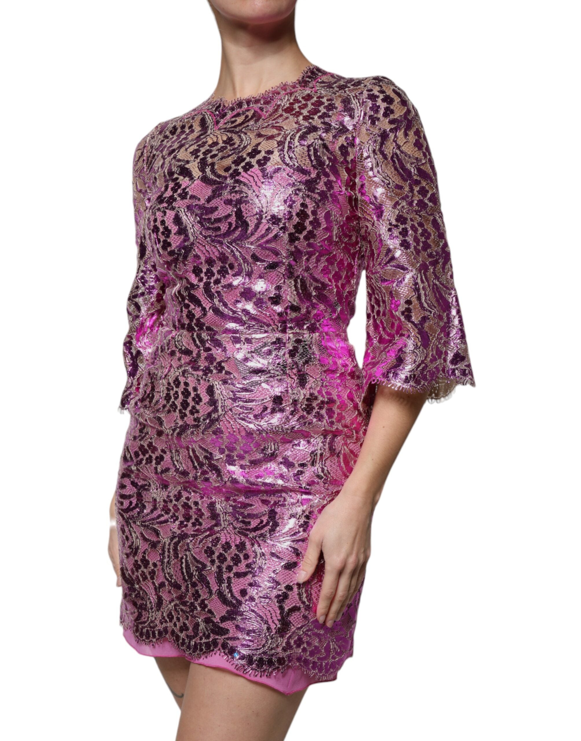 Dolce & Gabbana Metallic Fuchsia Floral Sheath Mini Women's Dress