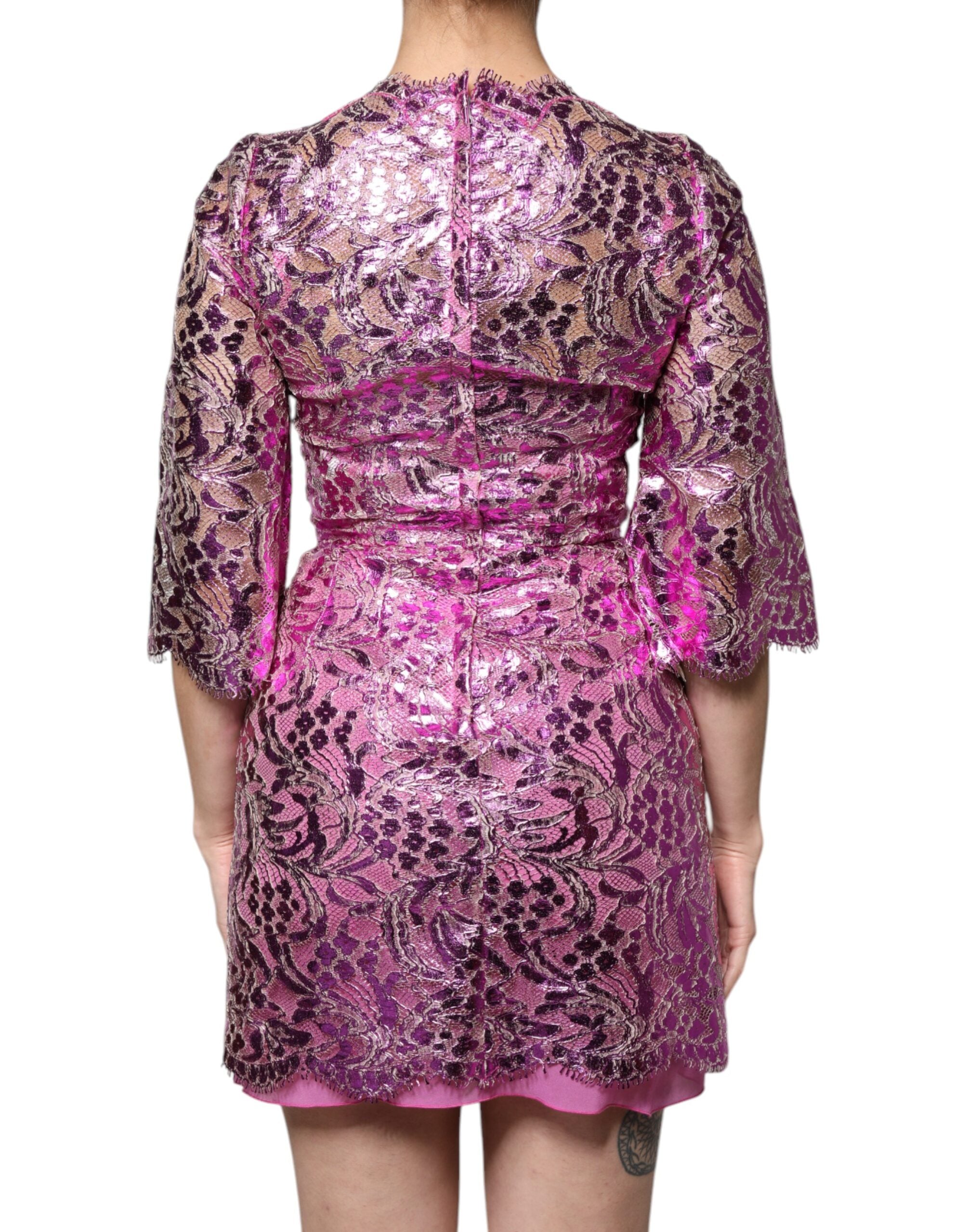 Dolce & Gabbana Metallic Fuchsia Floral Sheath Mini Women's Dress