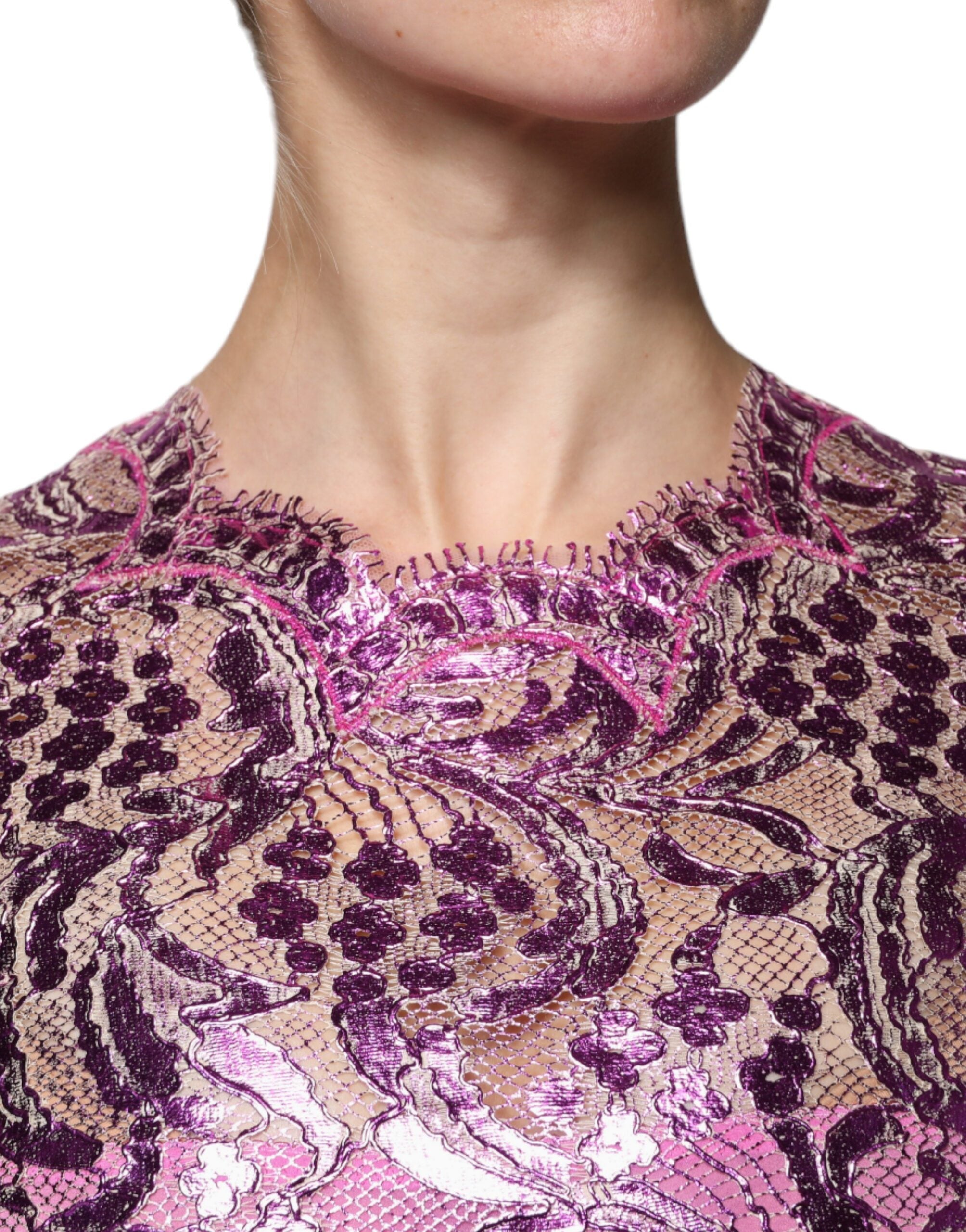 Dolce & Gabbana Metallic Fuchsia Floral Sheath Mini Women's Dress