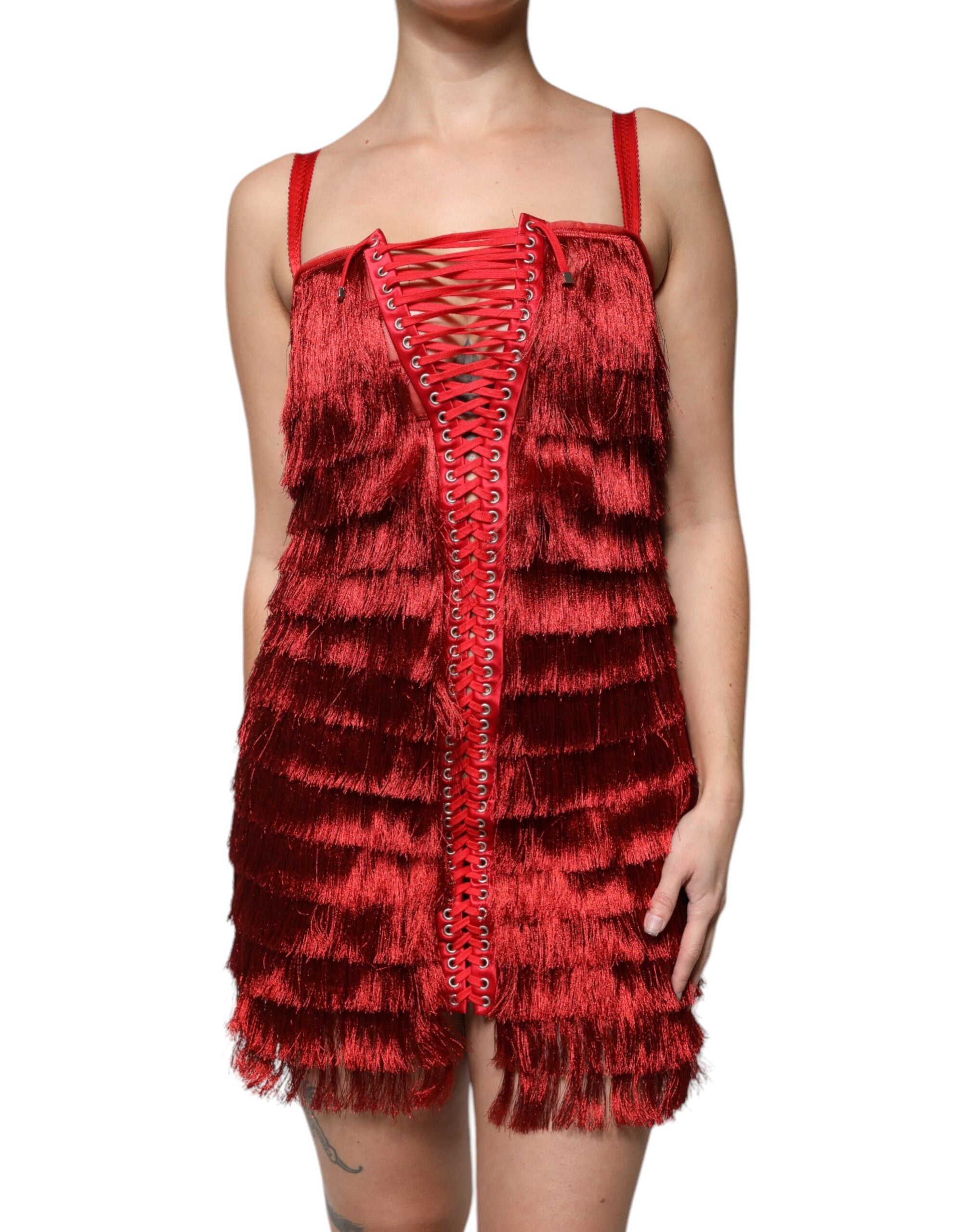 Dolce & Gabbana Red Lace Tassel Sleeveless Sheath Mini Women's Dress