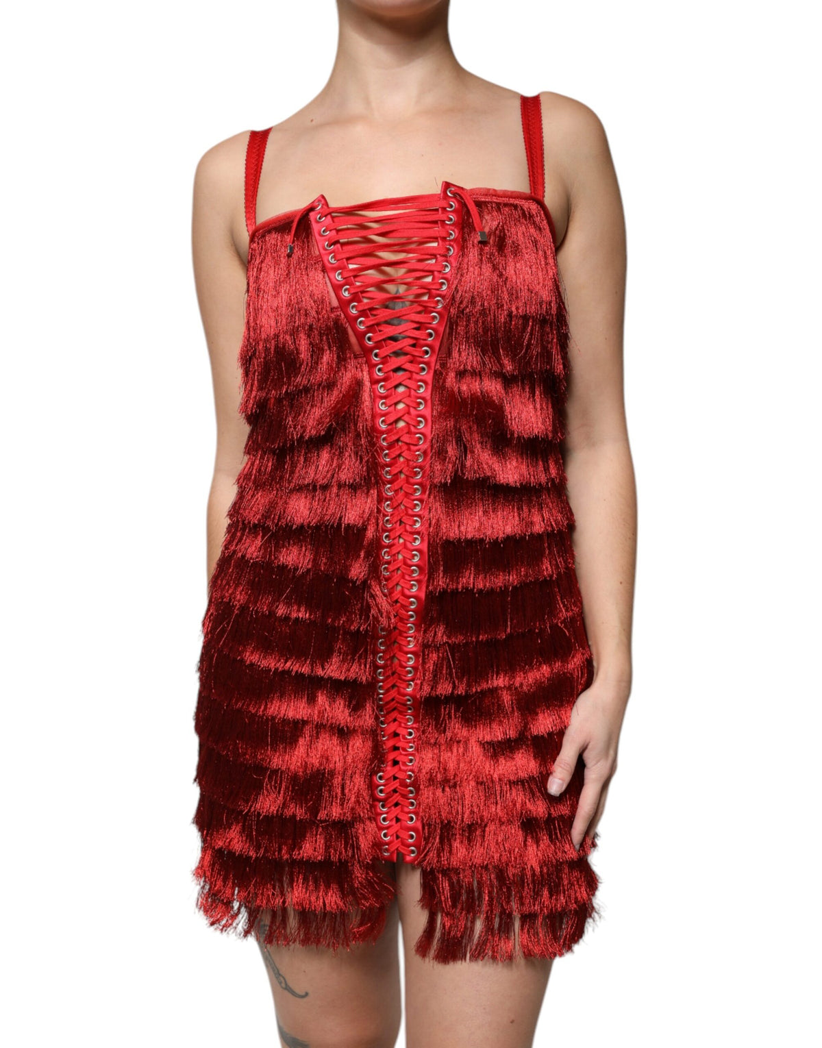 Dolce & Gabbana Red Lace Tassel Sleeveless Sheath Mini Women's Dress
