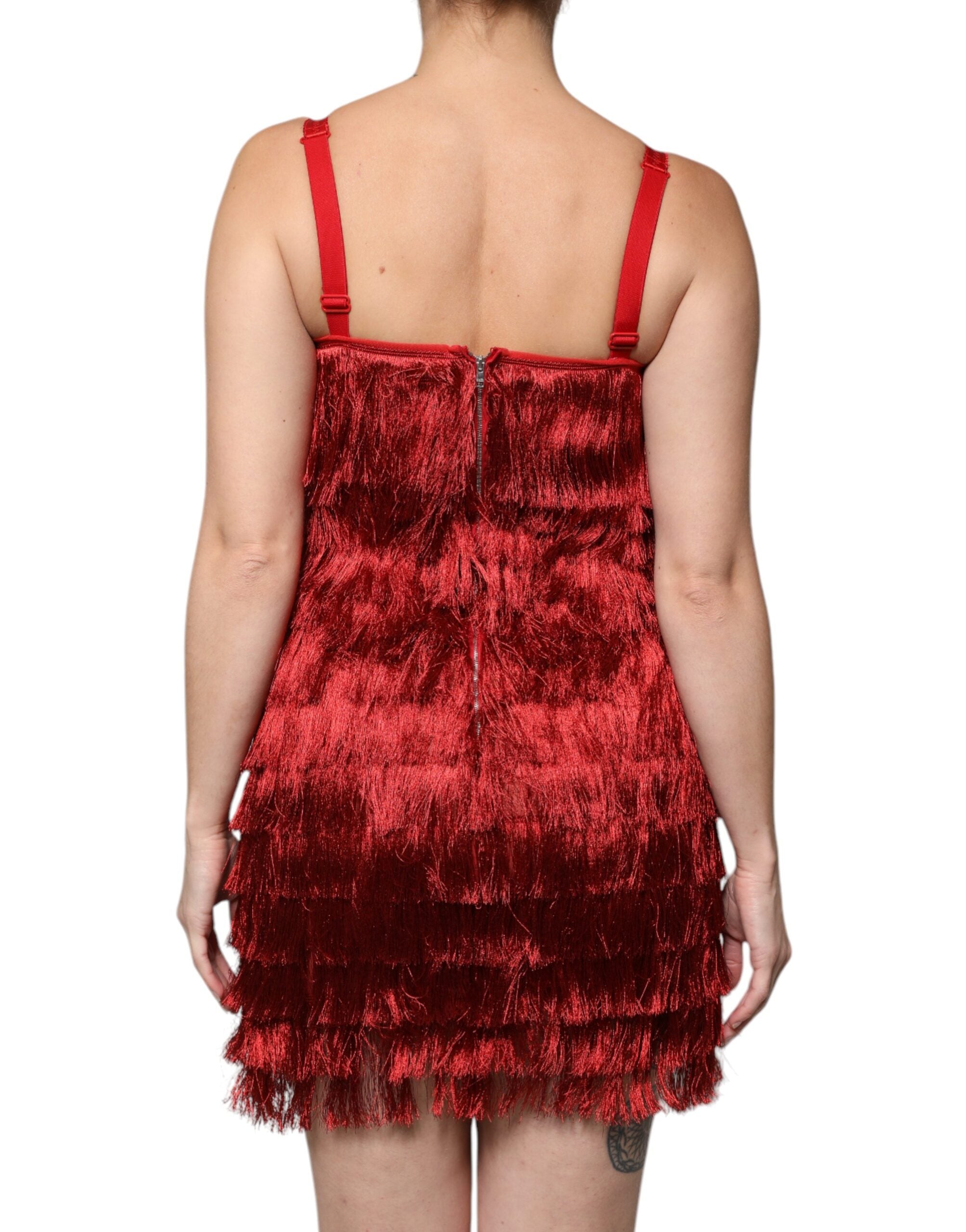 Dolce & Gabbana Red Lace Tassel Sleeveless Sheath Mini Women's Dress