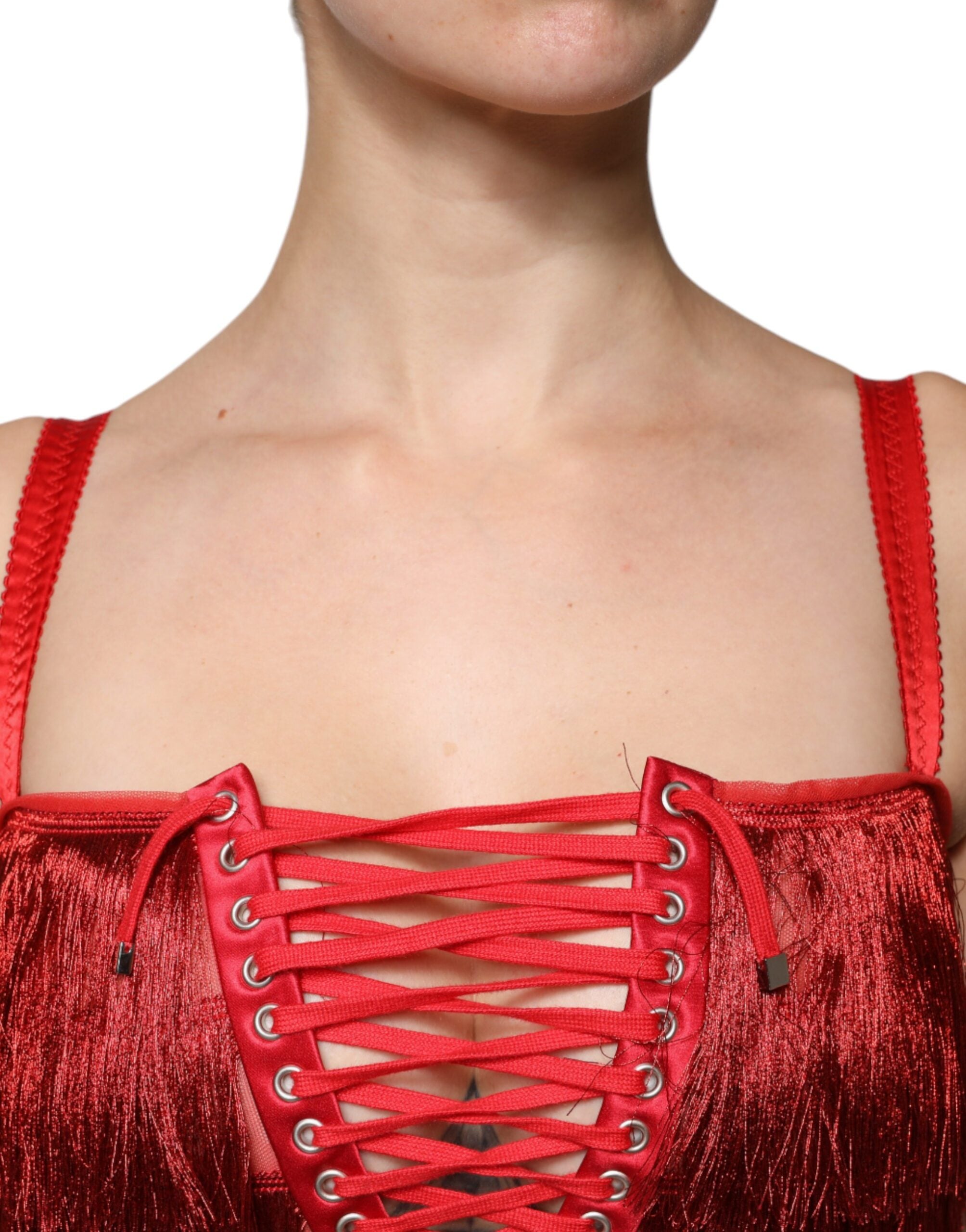 Dolce & Gabbana Red Lace Tassel Sleeveless Sheath Mini Women's Dress