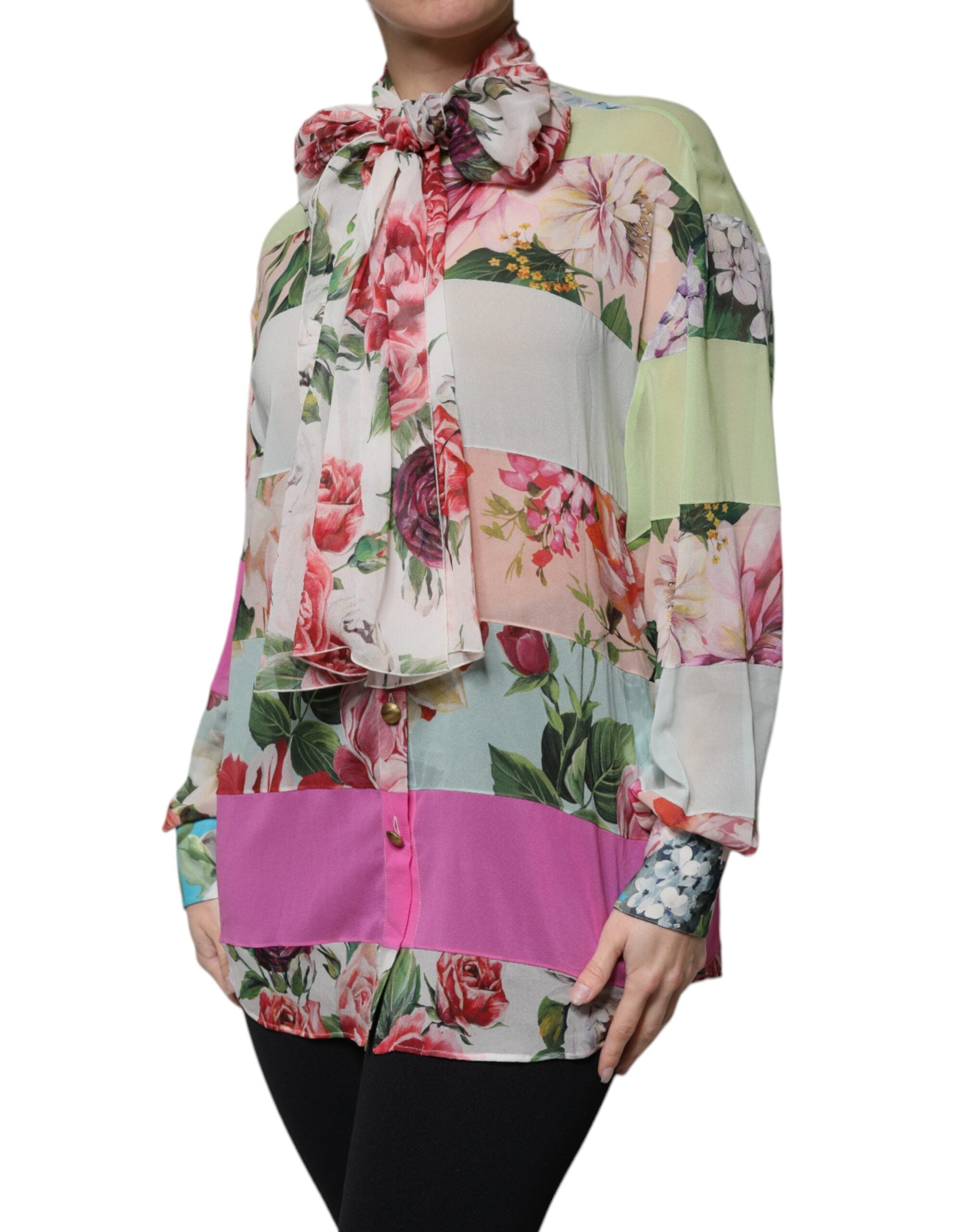 Dolce & Gabbana Multicolor Floral Patchwork Ascot Collar Women's Top