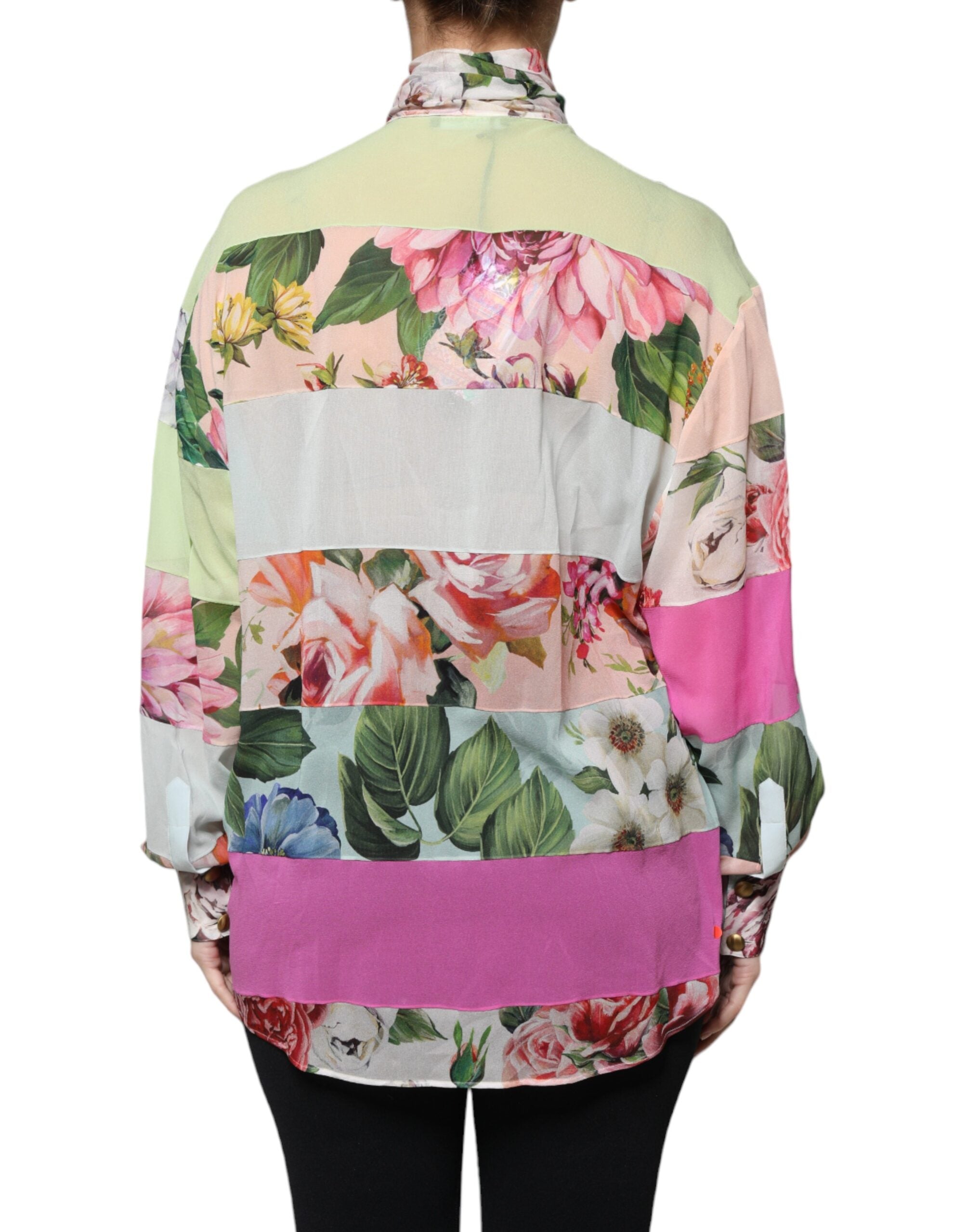 Dolce & Gabbana Multicolor Floral Patchwork Ascot Collar Women's Top