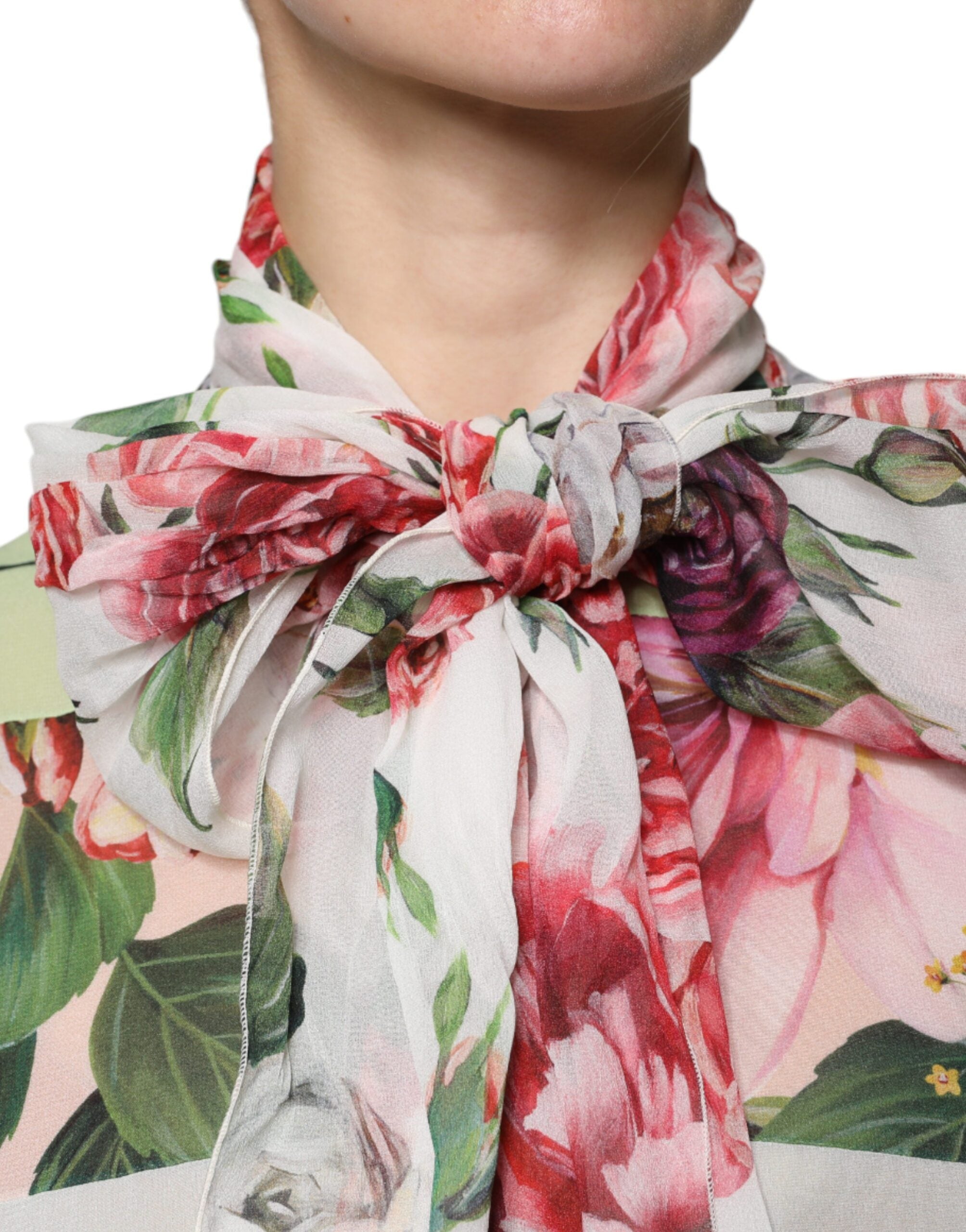 Dolce & Gabbana Multicolor Floral Patchwork Ascot Collar Women's Top
