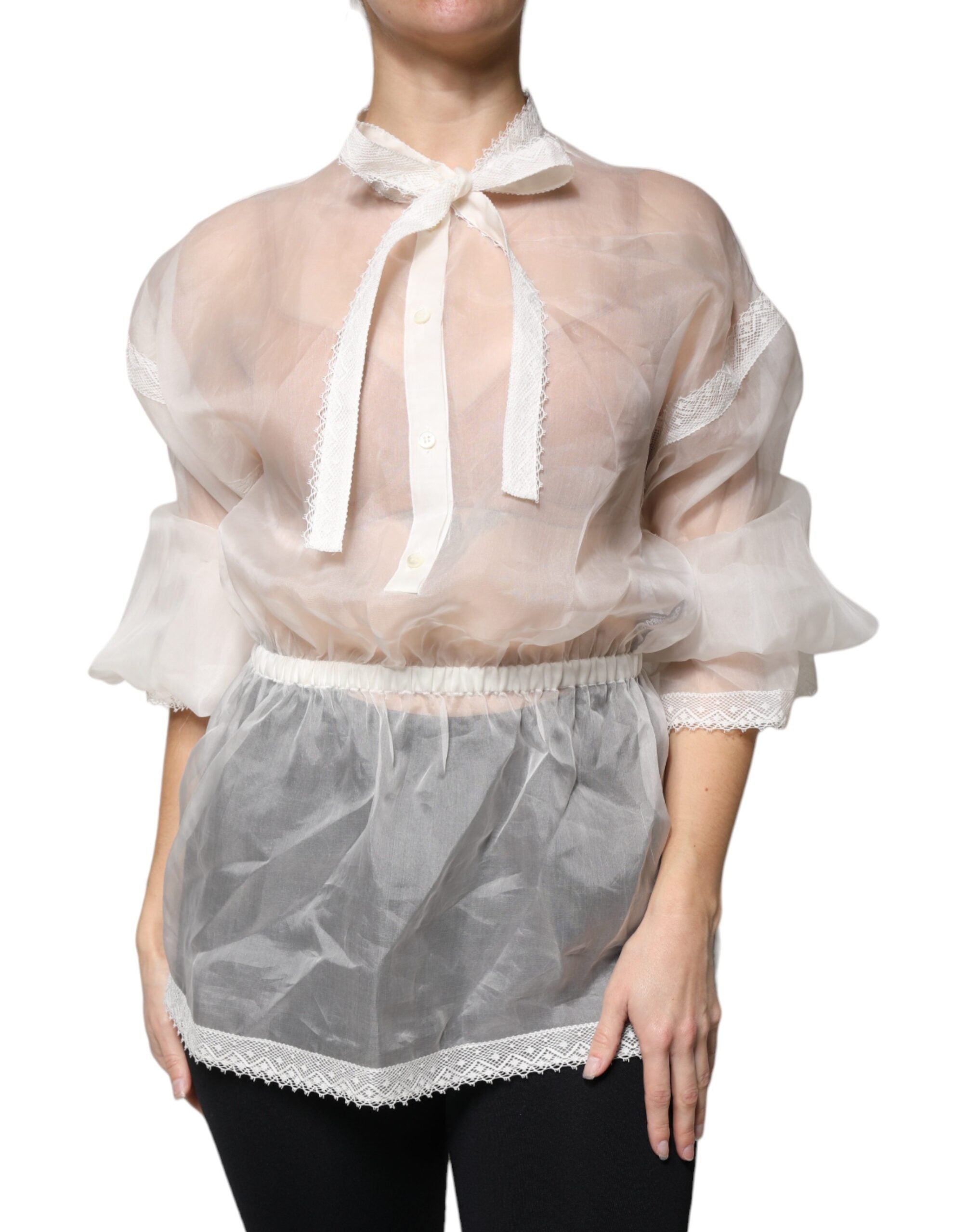 Dolce & Gabbana White Ascot Collar Long Sleeves Blouse Women's Top