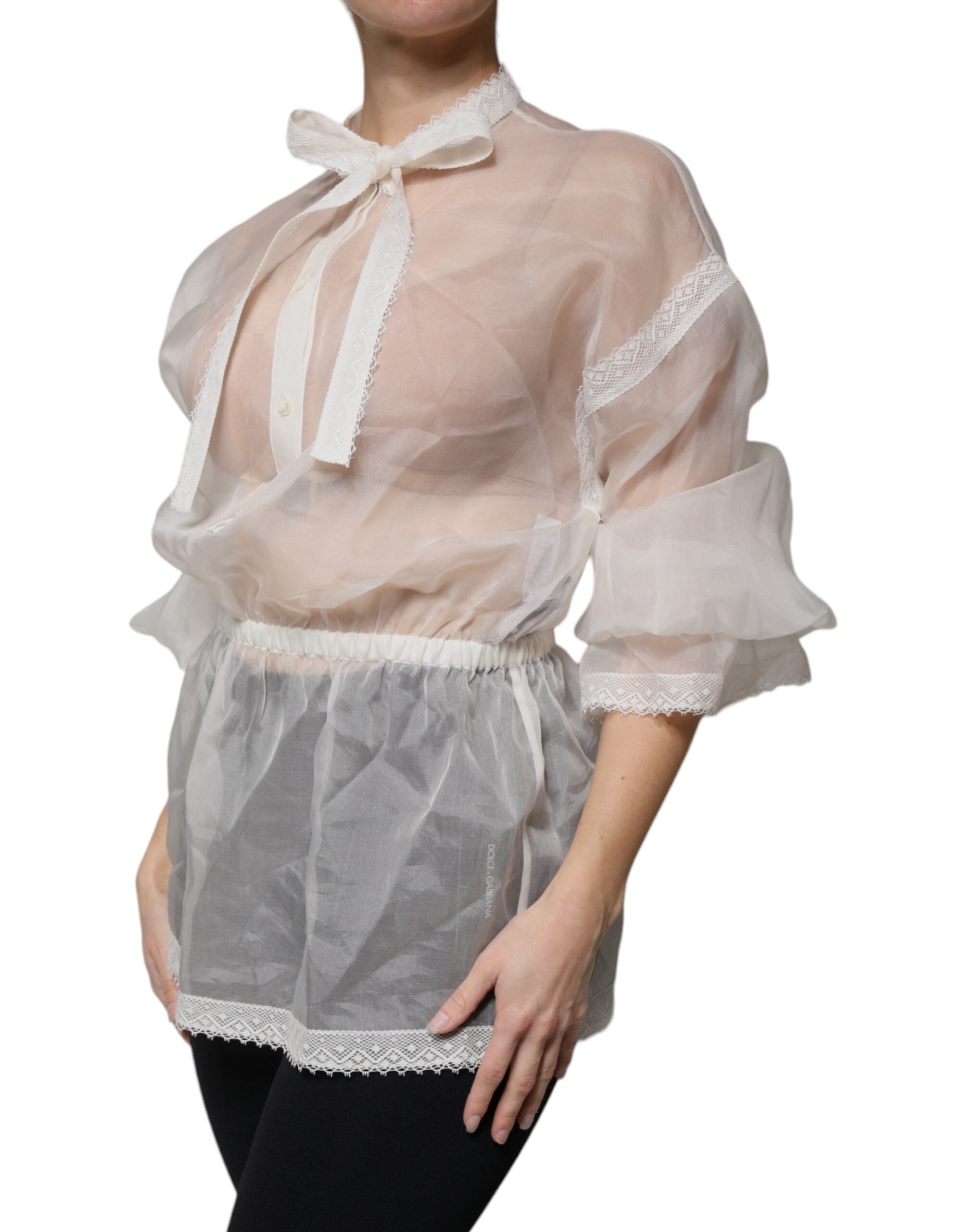 Dolce & Gabbana White Ascot Collar Long Sleeves Blouse Women's Top