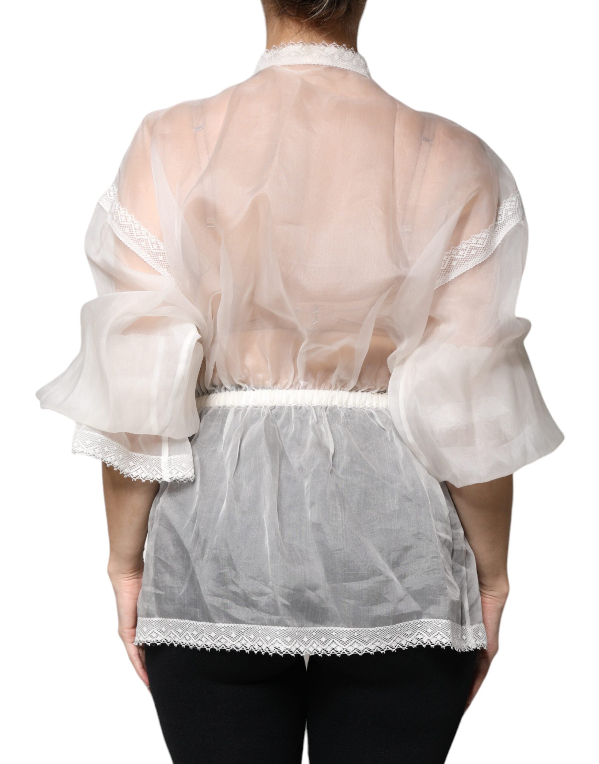Dolce & Gabbana White Ascot Collar Long Sleeves Blouse Women's Top