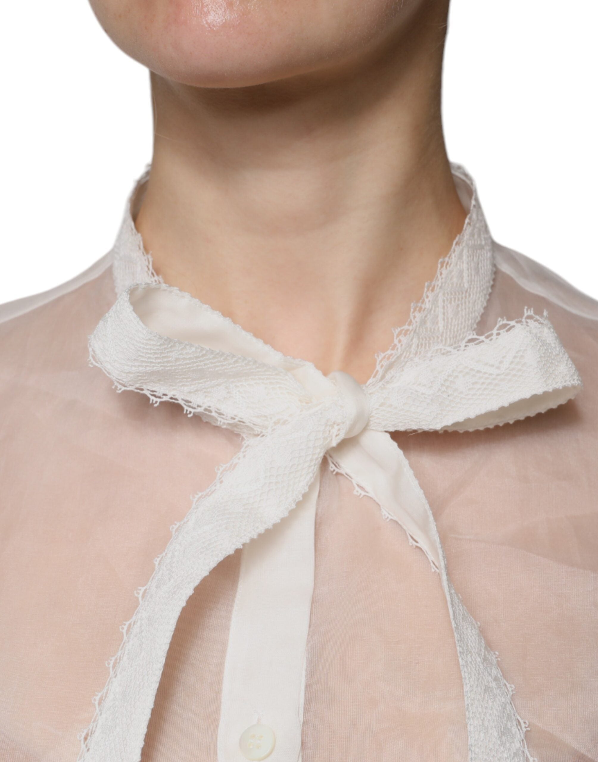 Dolce & Gabbana White Ascot Collar Long Sleeves Blouse Women's Top