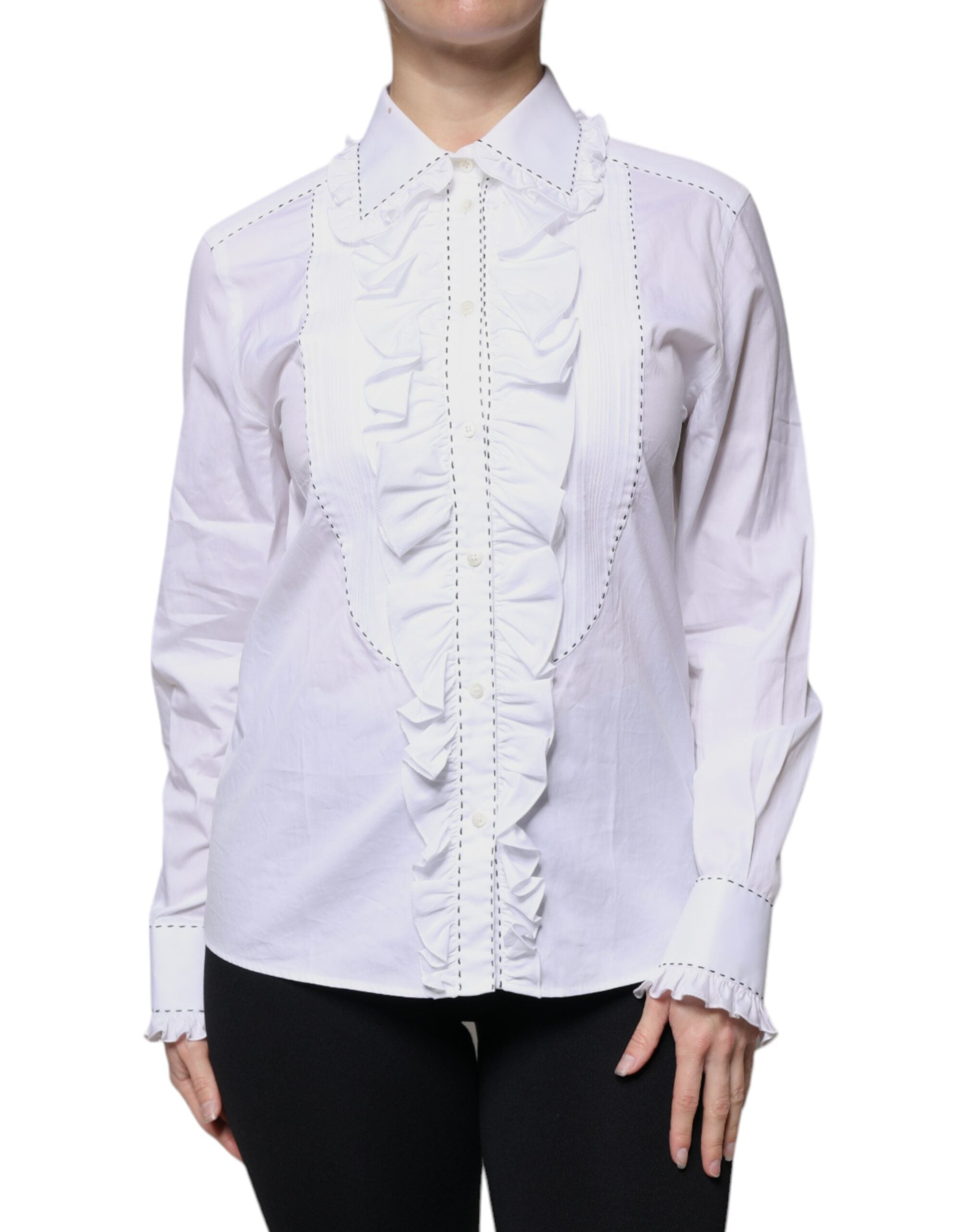 Dolce & Gabbana White Cotton Long Sleeves Ruffle Collar Women's Top (Pre-Owned)