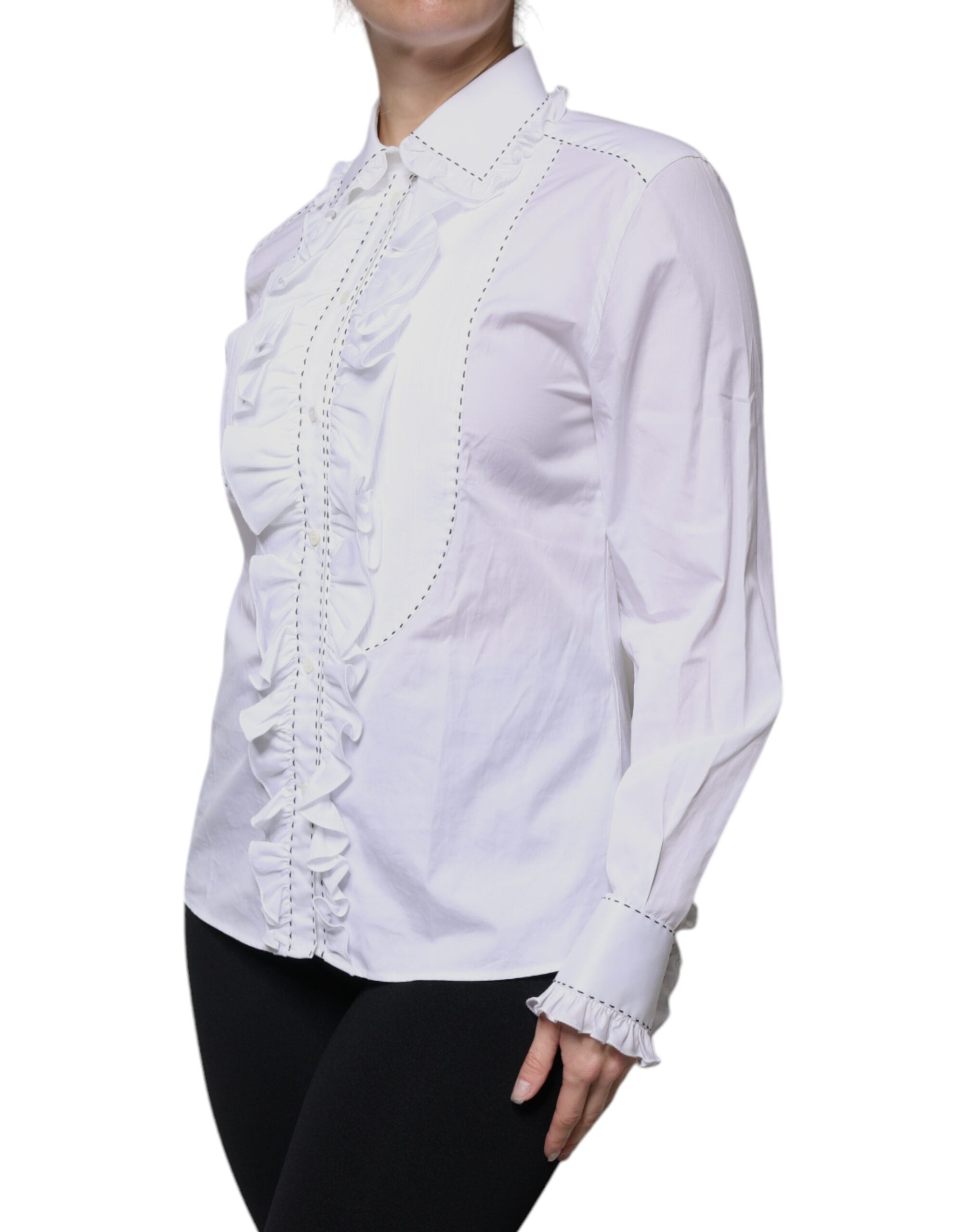 Dolce & Gabbana White Cotton Long Sleeves Ruffle Collar Women's Top (Pre-Owned)