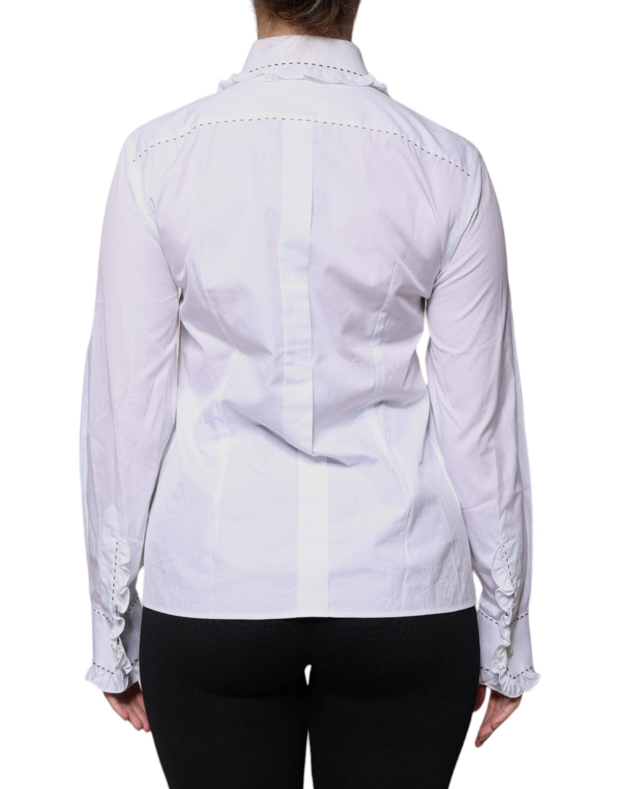 Dolce & Gabbana White Cotton Long Sleeves Ruffle Collar Women's Top (Pre-Owned)