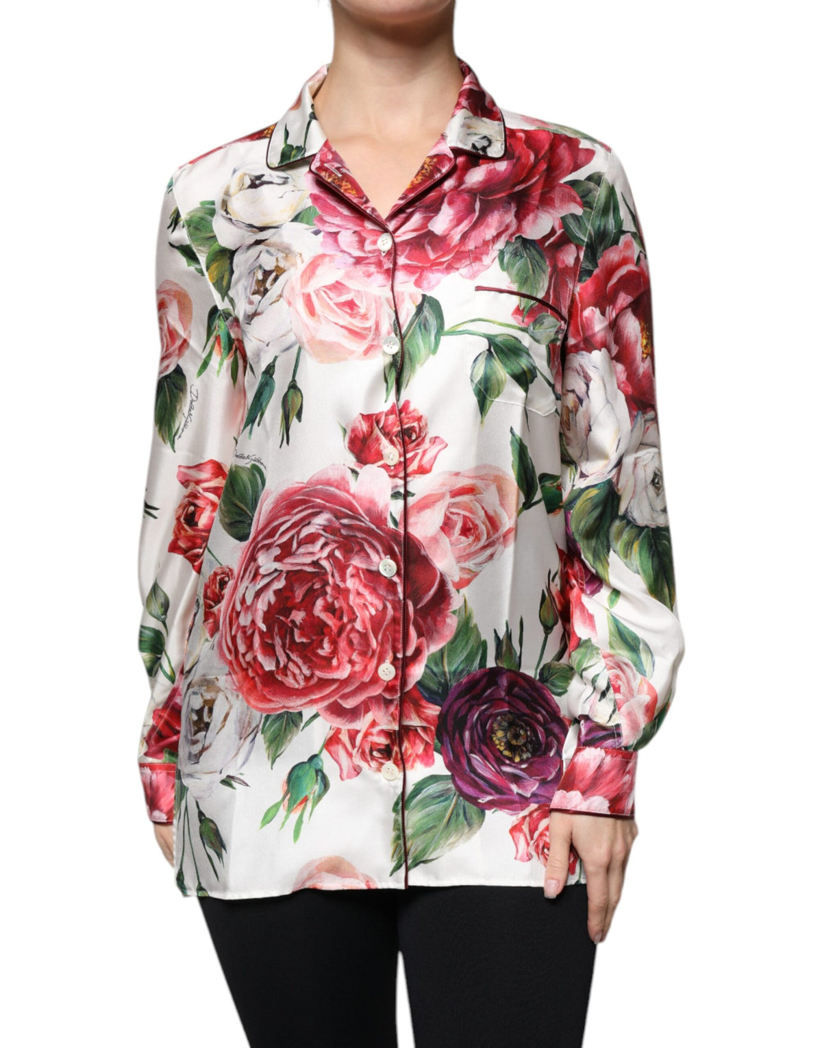 Dolce & Gabbana White Peony Silk Long Sleeves Collared Blouse Women's Top