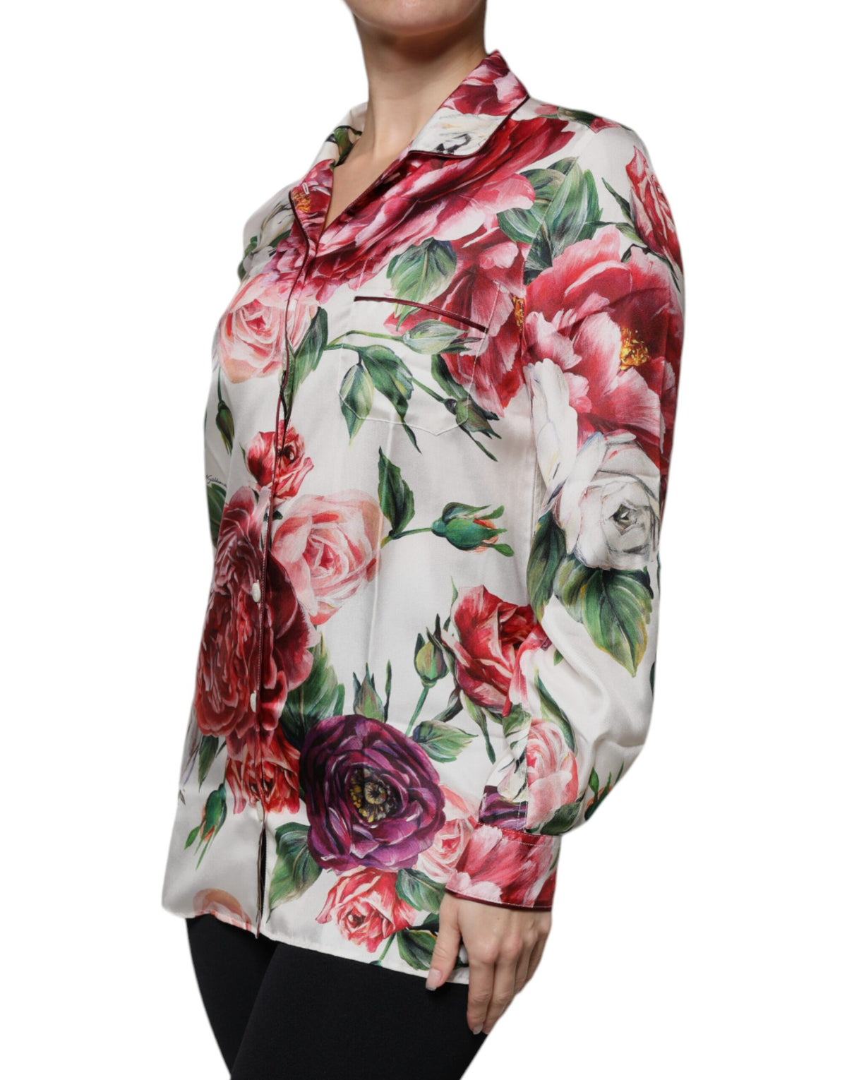 Dolce & Gabbana White Peony Silk Long Sleeves Collared Blouse Women's Top