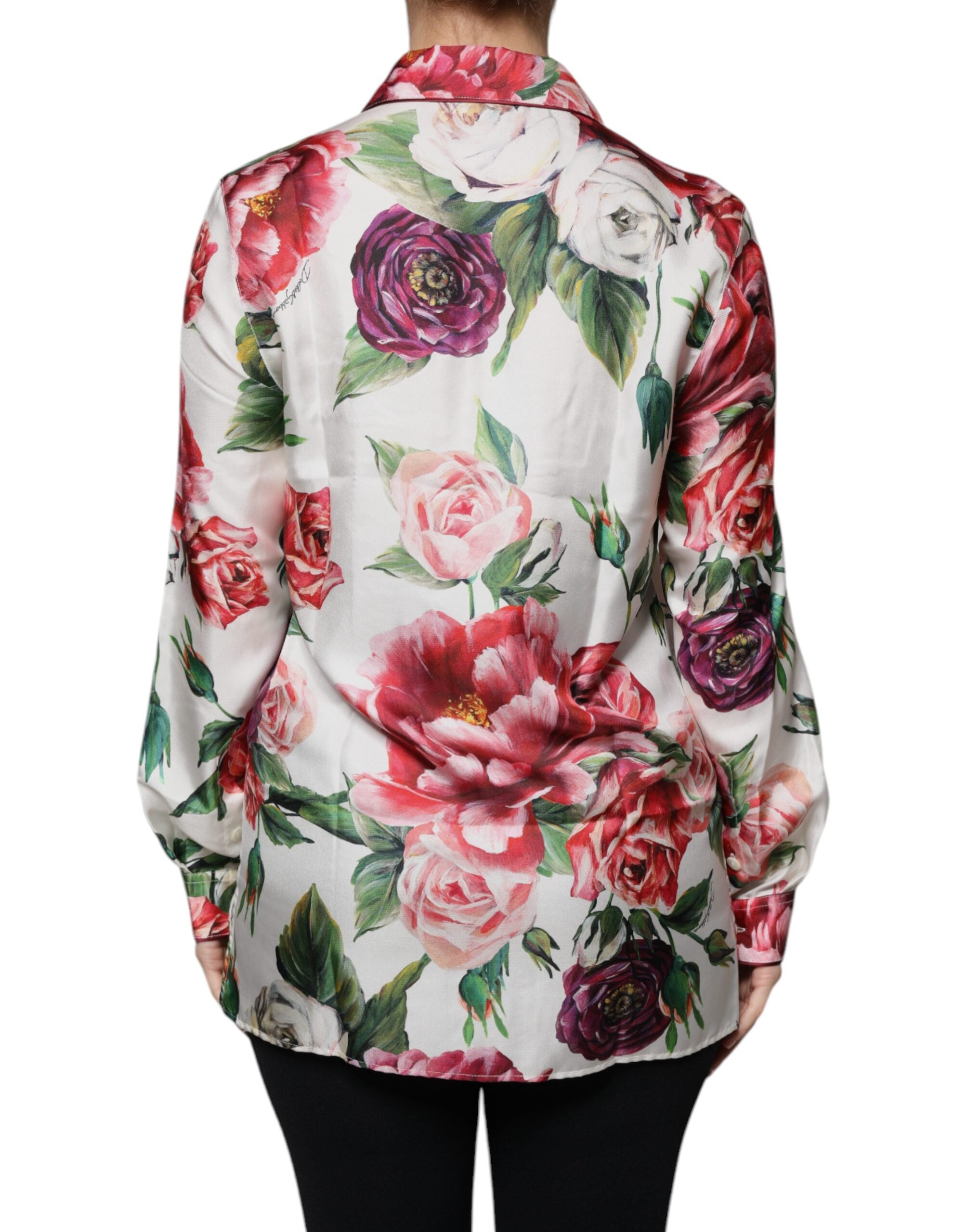 Dolce & Gabbana White Peony Silk Long Sleeves Collared Blouse Women's Top