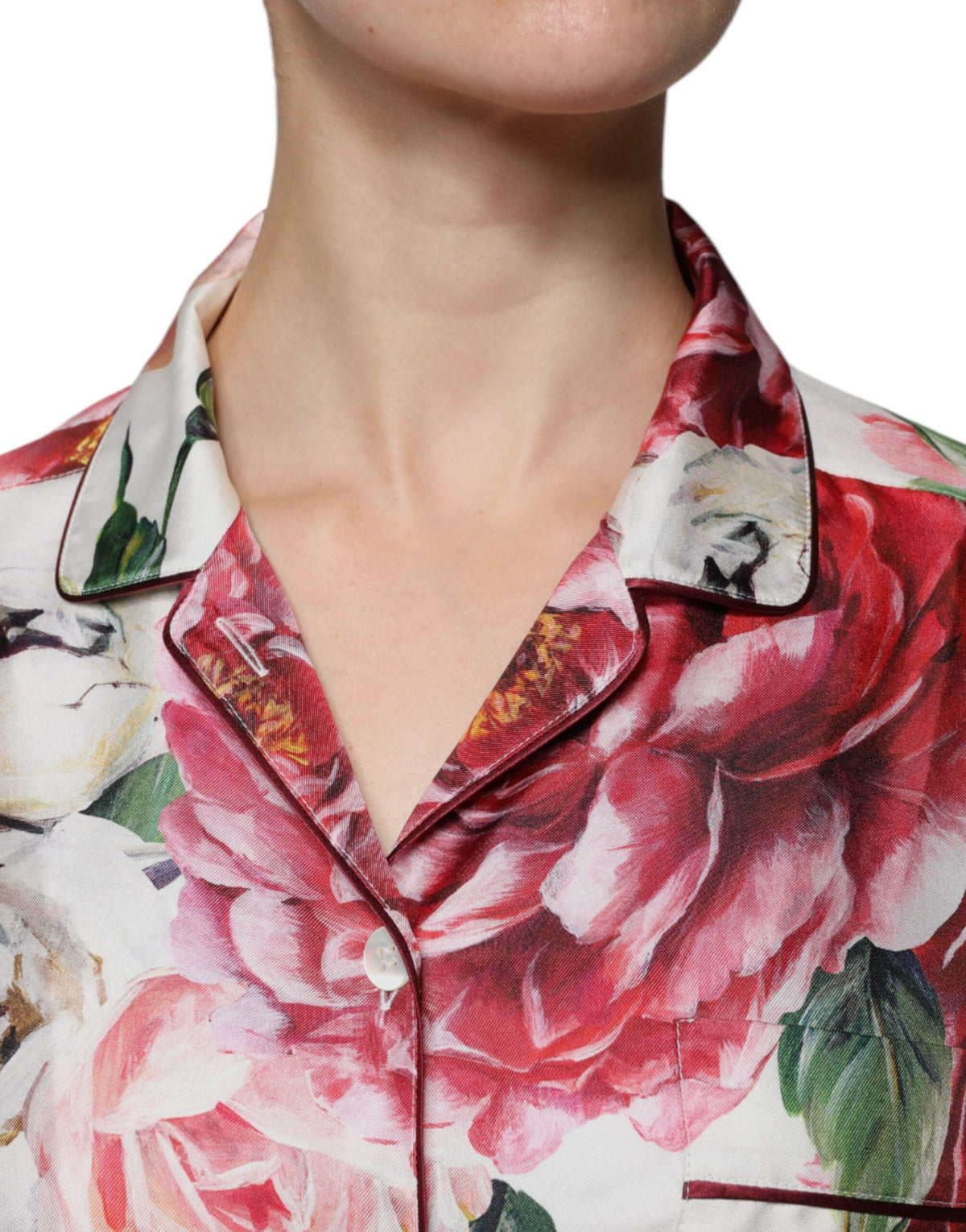 Dolce & Gabbana White Peony Silk Long Sleeves Collared Blouse Women's Top