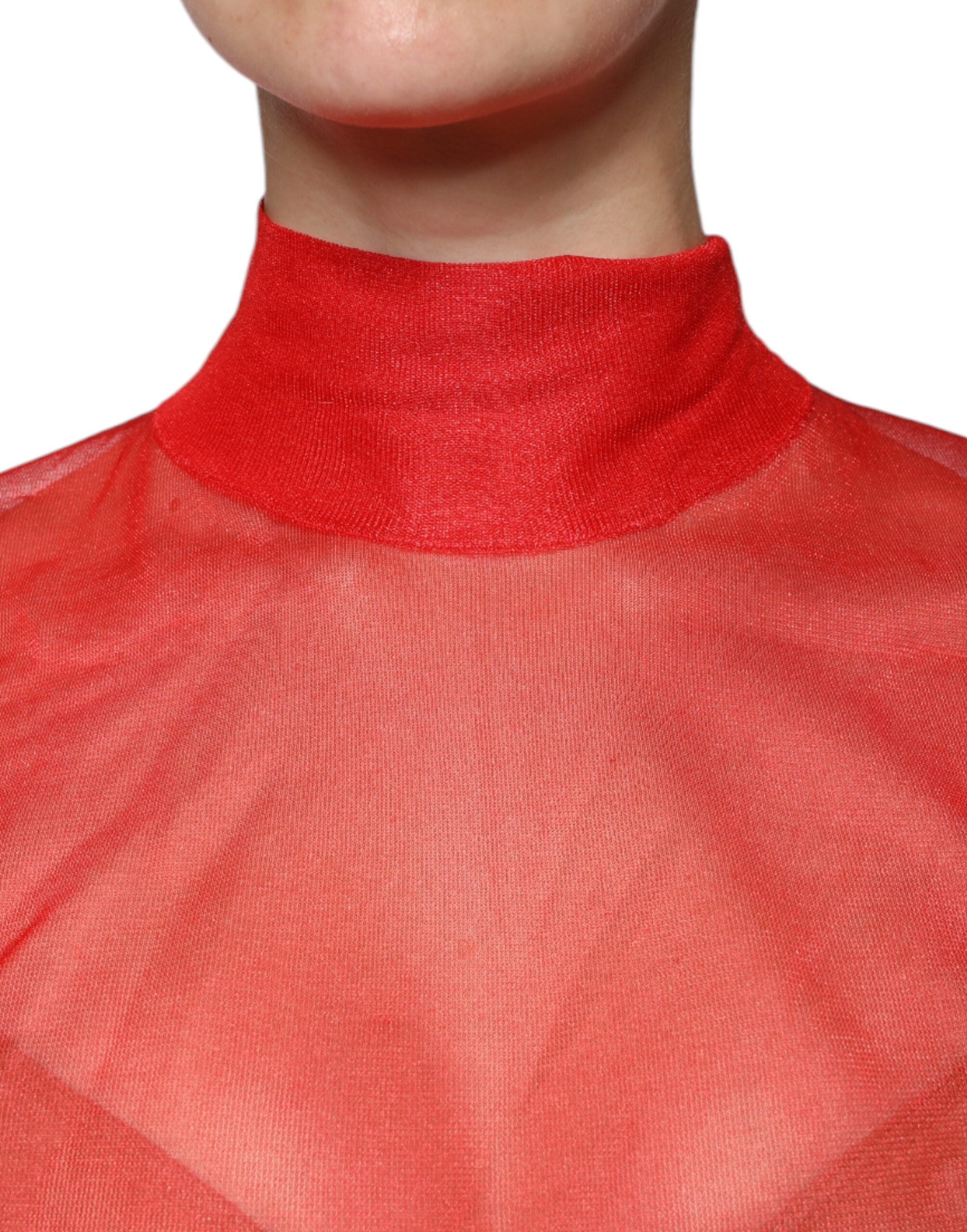 Dolce & Gabbana Red Mesh Turtleneck Long Sleeve Blouse Women's Top (Pre-Owned)