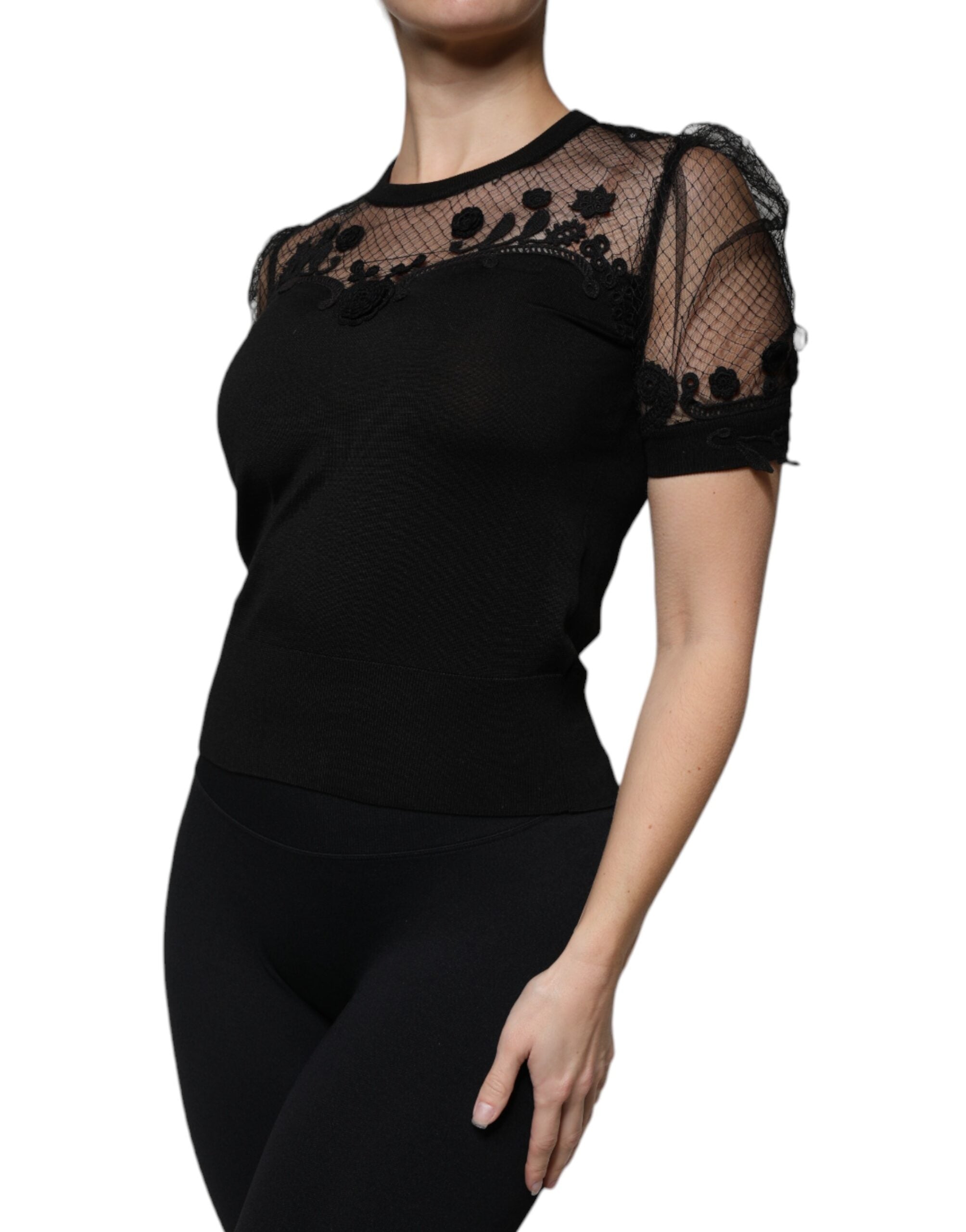 Dolce & Gabbana Black Floral Lace Short Sleeves Blouse Women's Top