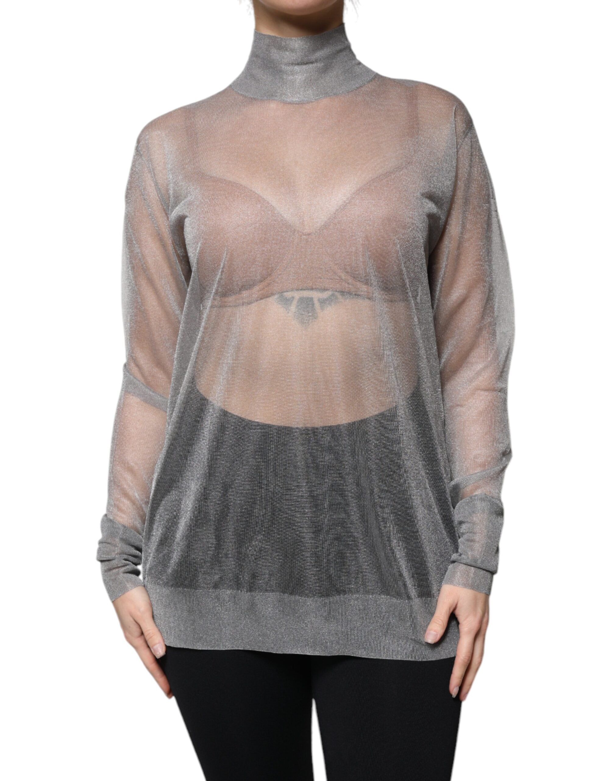 Dolce & Gabbana Grey Mesh Turtleneck Long Sleeve Blouse Women's Top (Pre-Owned)