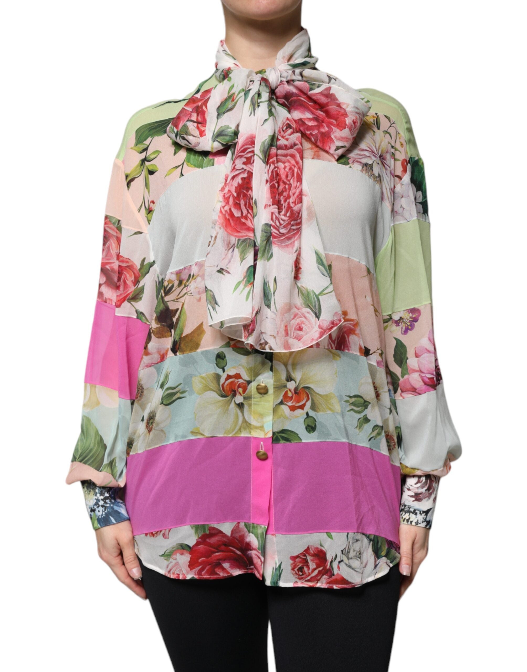 Dolce & Gabbana Multicolor Floral Patchwork Ascot Collar Women's Top (Pre-Owned)