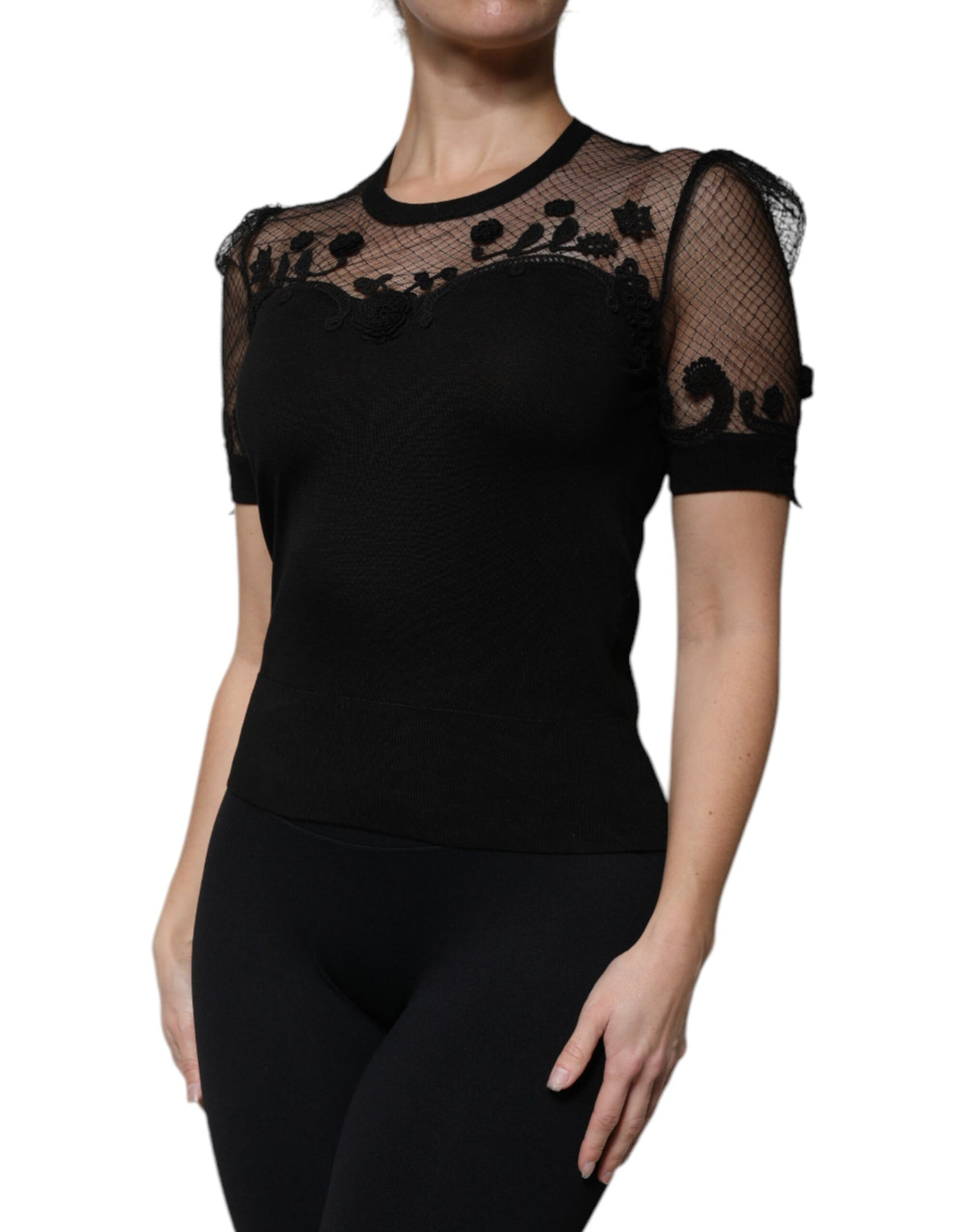 Dolce & Gabbana Black Floral Lace Short Sleeves Blouse Women's Top (Pre-Owned)