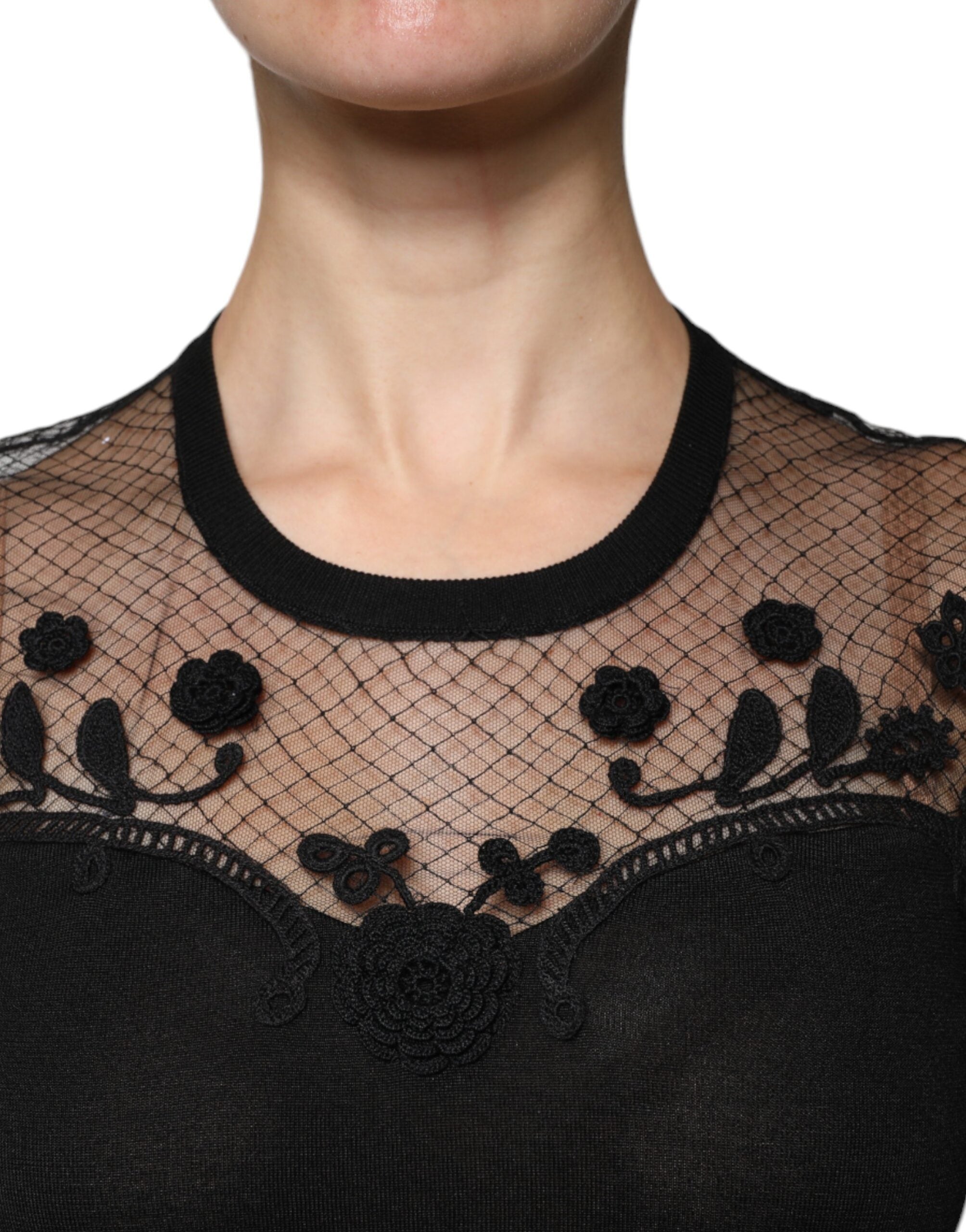 Dolce & Gabbana Black Floral Lace Short Sleeves Blouse Women's Top (Pre-Owned)