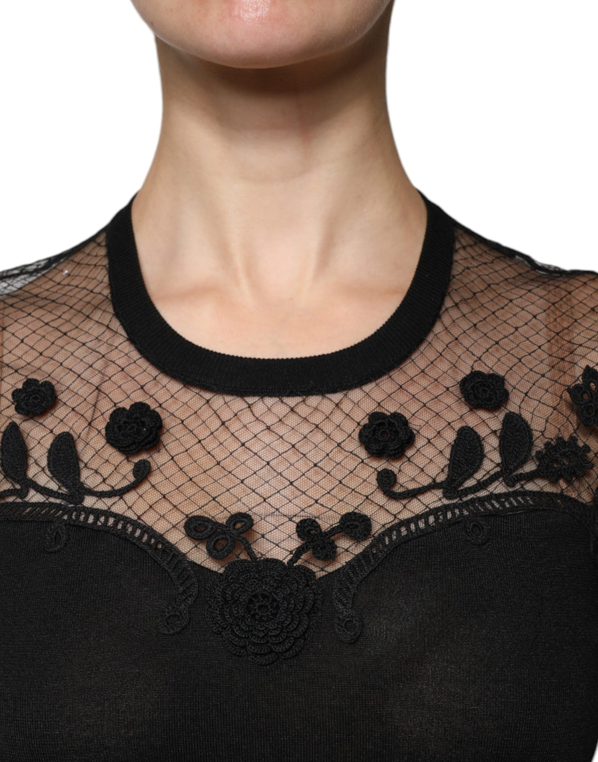 Dolce & Gabbana Black Floral Lace Short Sleeves Blouse Women's Top (Pre-Owned)