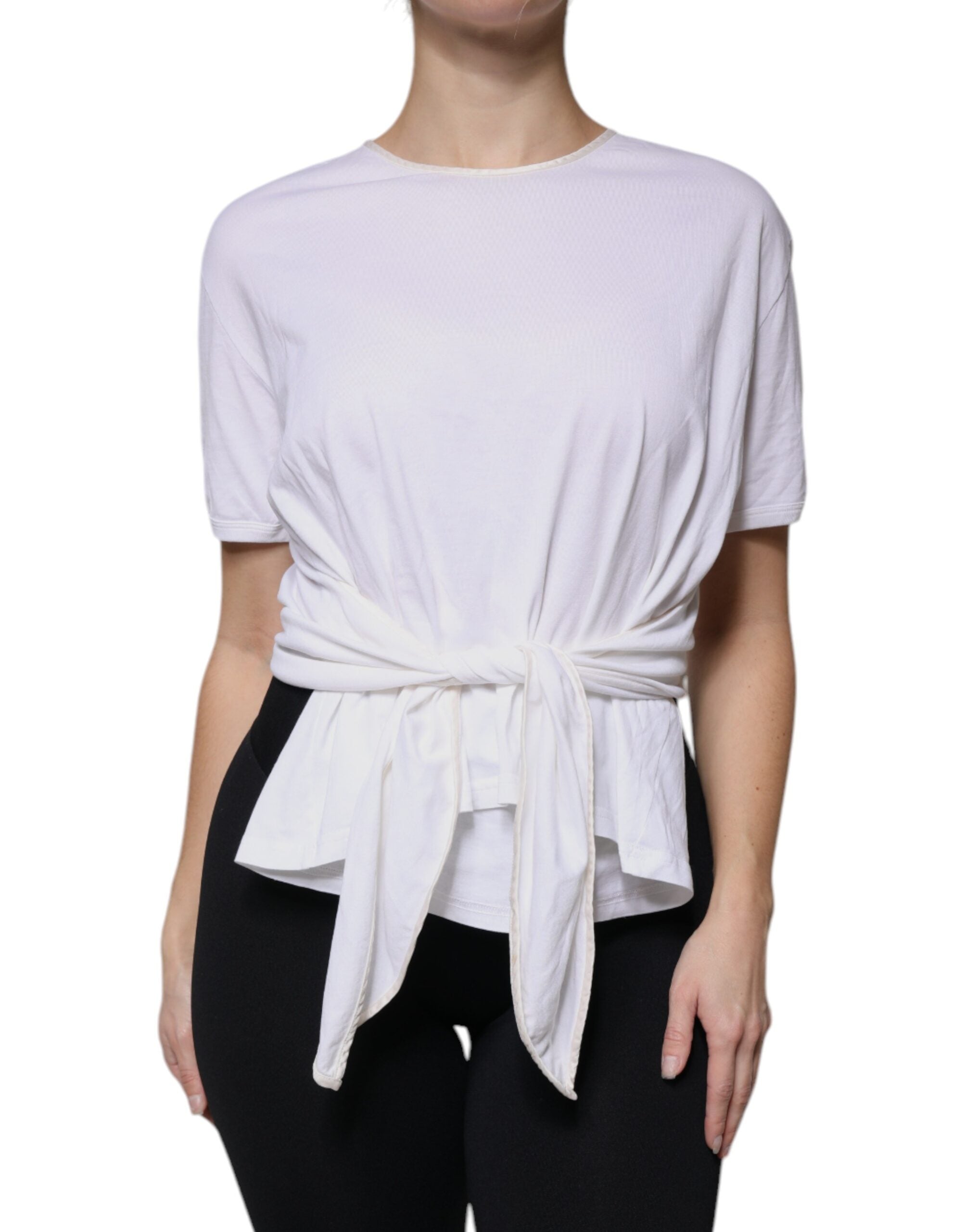 Dolce & Gabbana White Cotton Silk Round Neck Wrap Blouse Women's Top