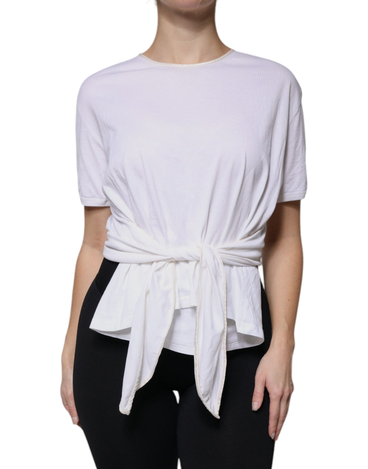 Dolce & Gabbana White Cotton Silk Round Neck Wrap Blouse Women's Top