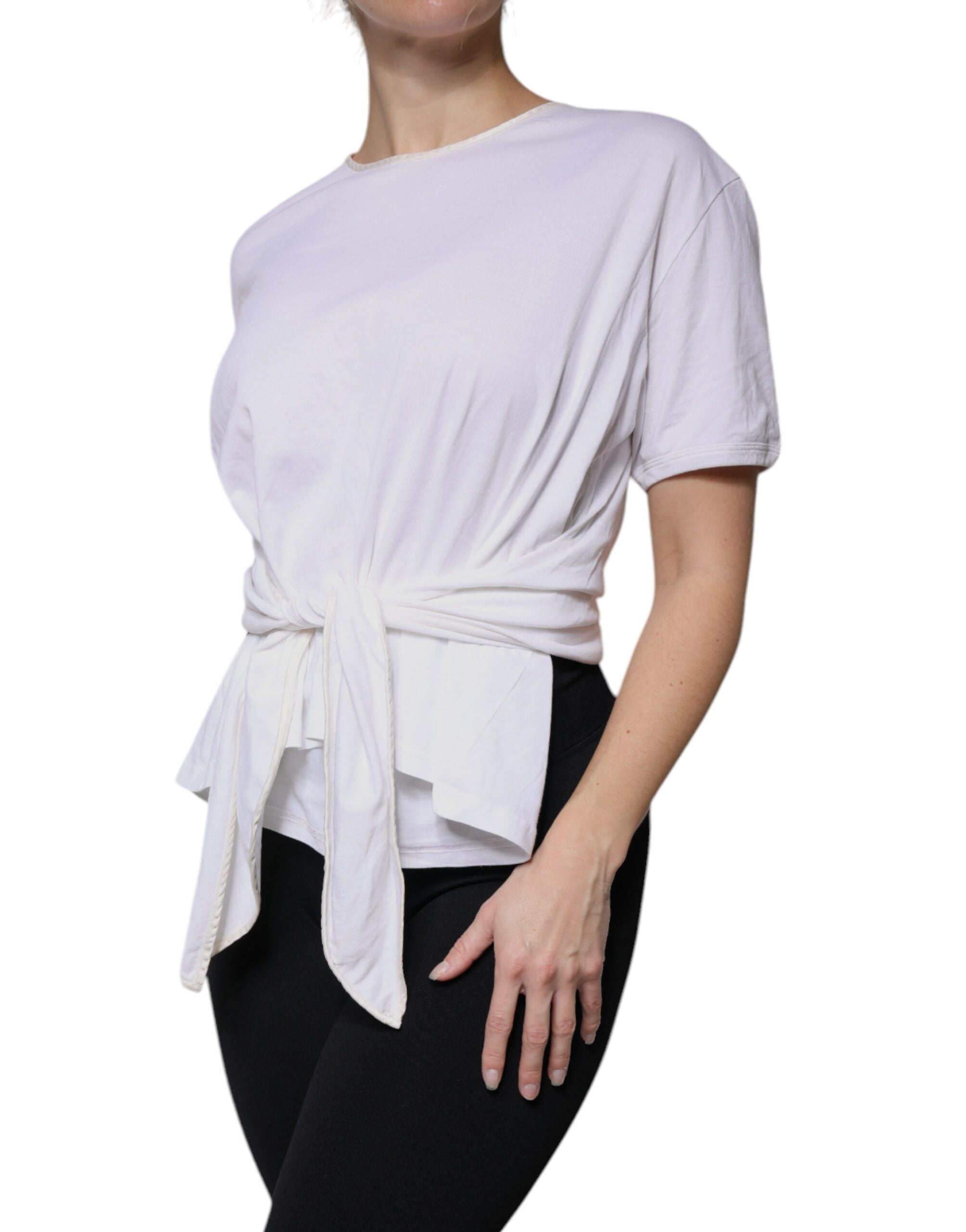 Dolce & Gabbana White Cotton Silk Round Neck Wrap Blouse Women's Top