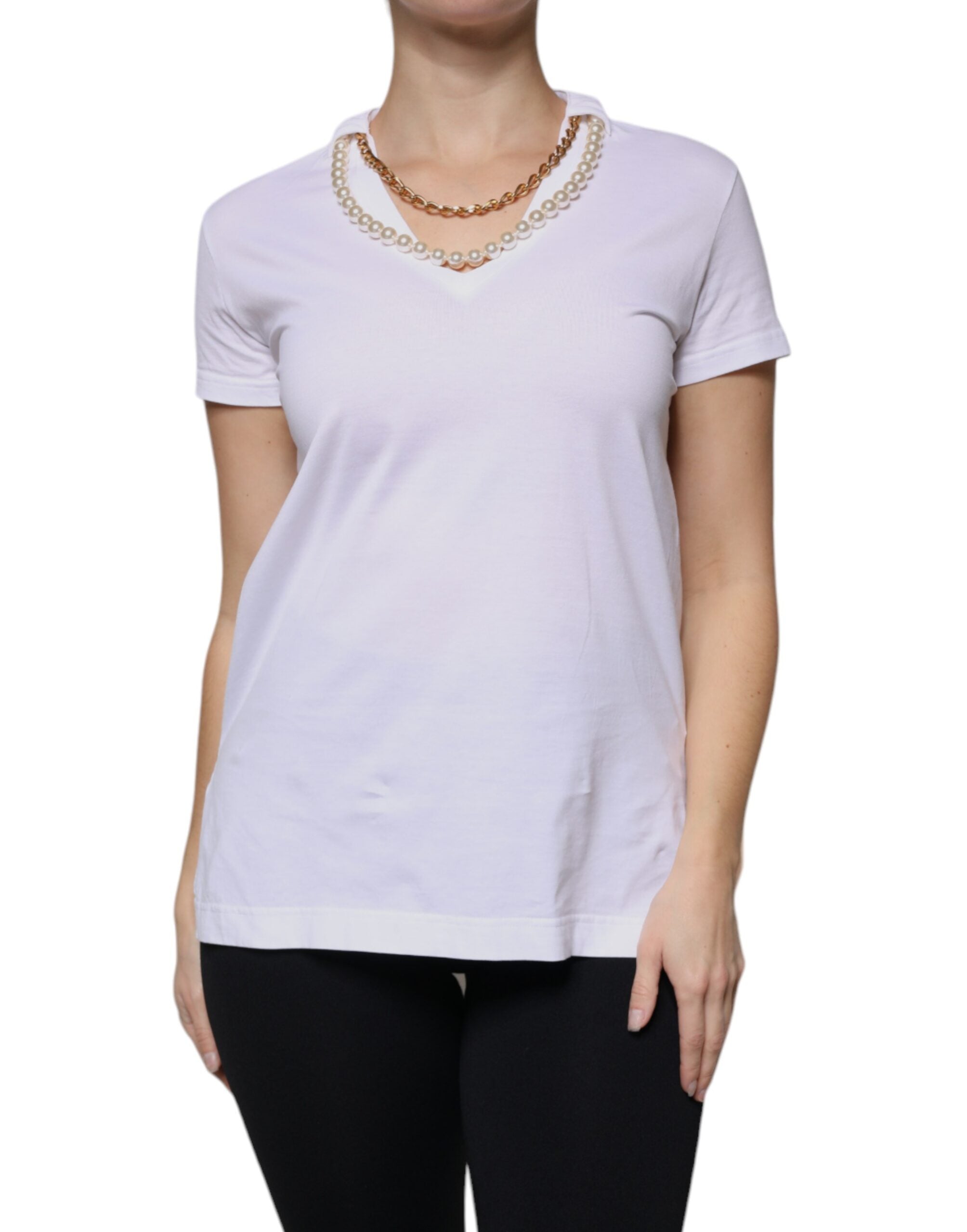 Dolce & Gabbana White Cotton Necklace Chain Short Sleeves Women's T-shirt (Pre-Owned)