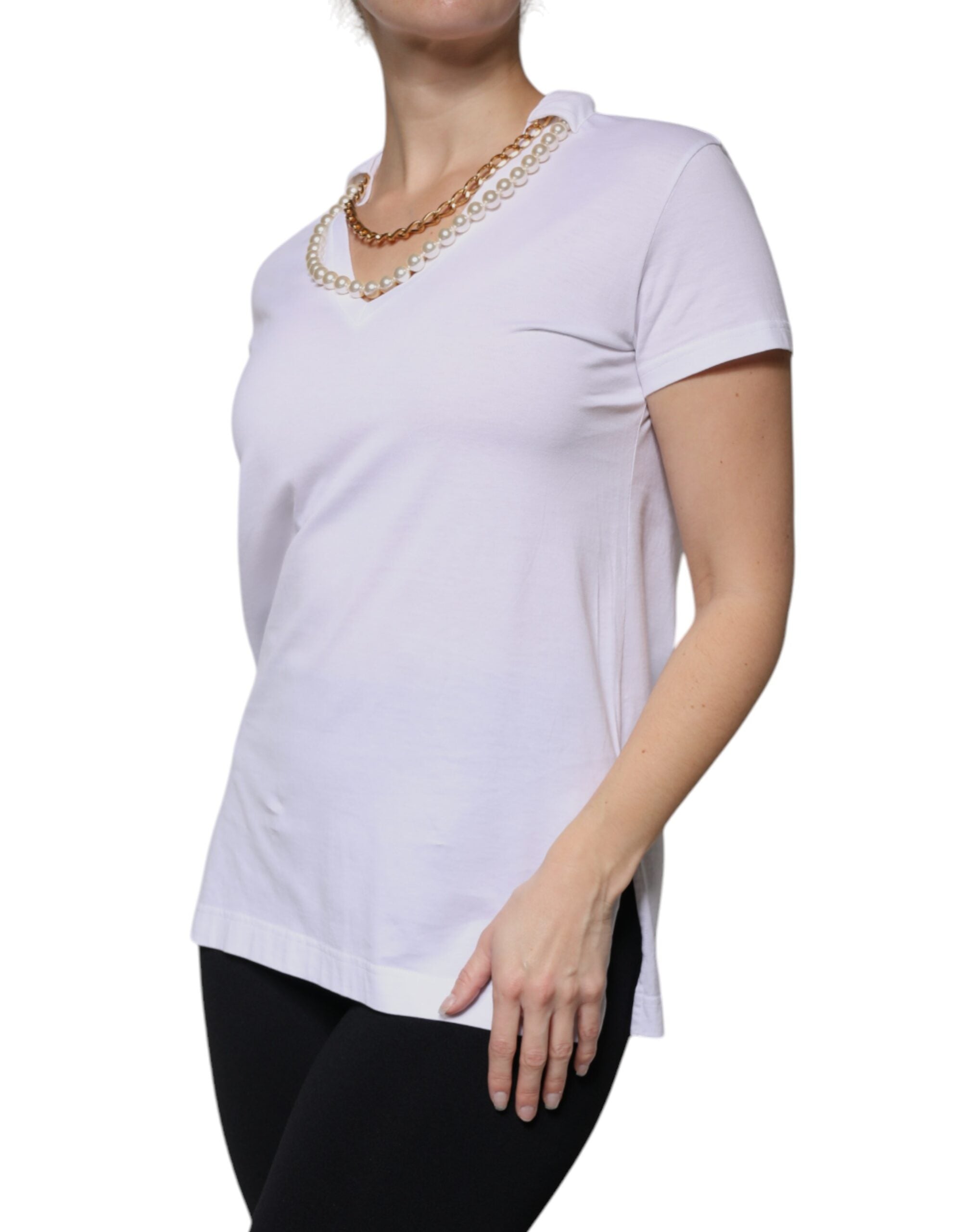 Dolce & Gabbana White Cotton Necklace Chain Short Sleeves Women's T-shirt (Pre-Owned)