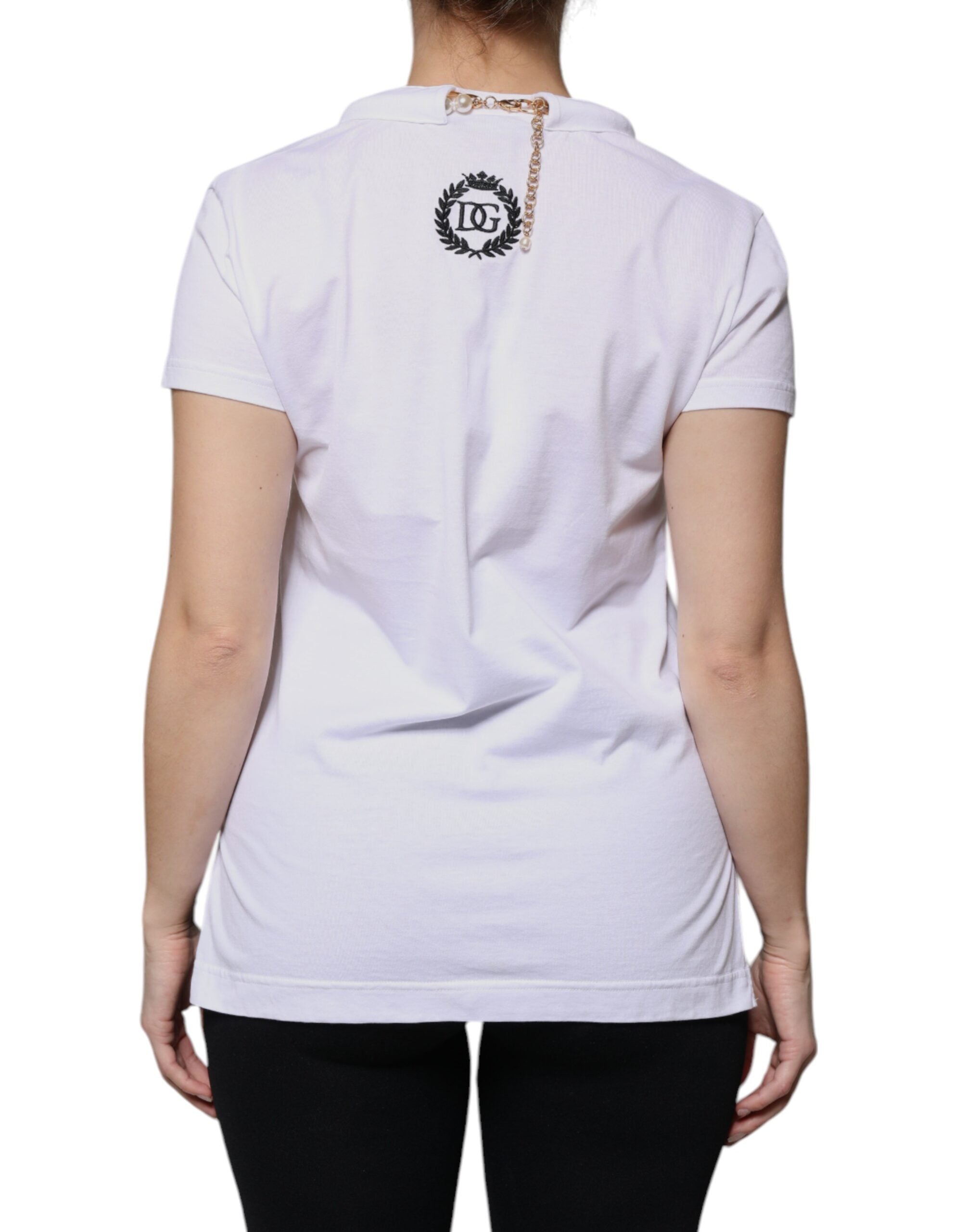 Dolce & Gabbana White Cotton Necklace Chain Short Sleeves Women's T-shirt (Pre-Owned)