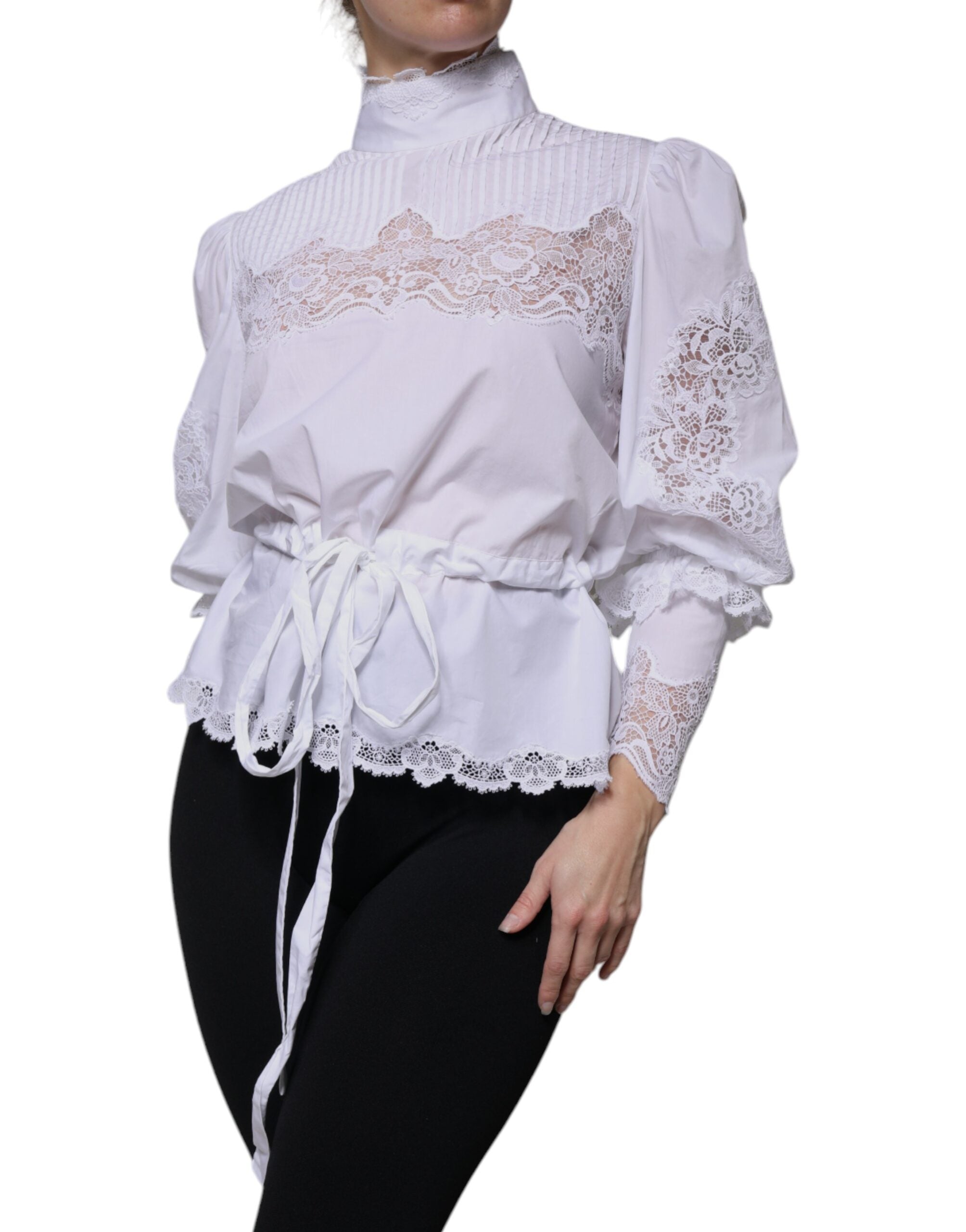 Dolce & Gabbana White Cotton Lace Trim Turtleneck Blouse Women's Top (Pre-Owned)