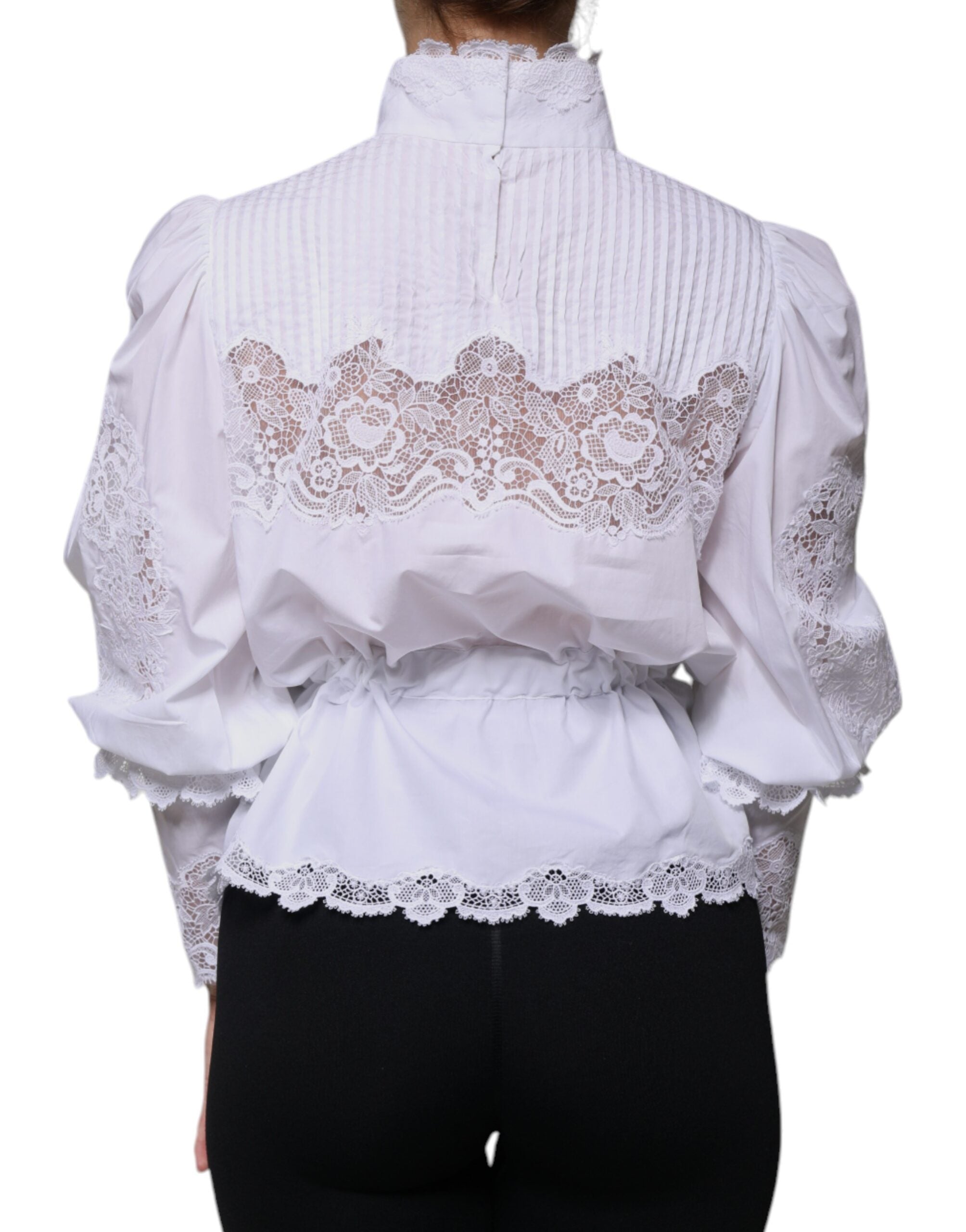 Dolce & Gabbana White Cotton Lace Trim Turtleneck Blouse Women's Top (Pre-Owned)