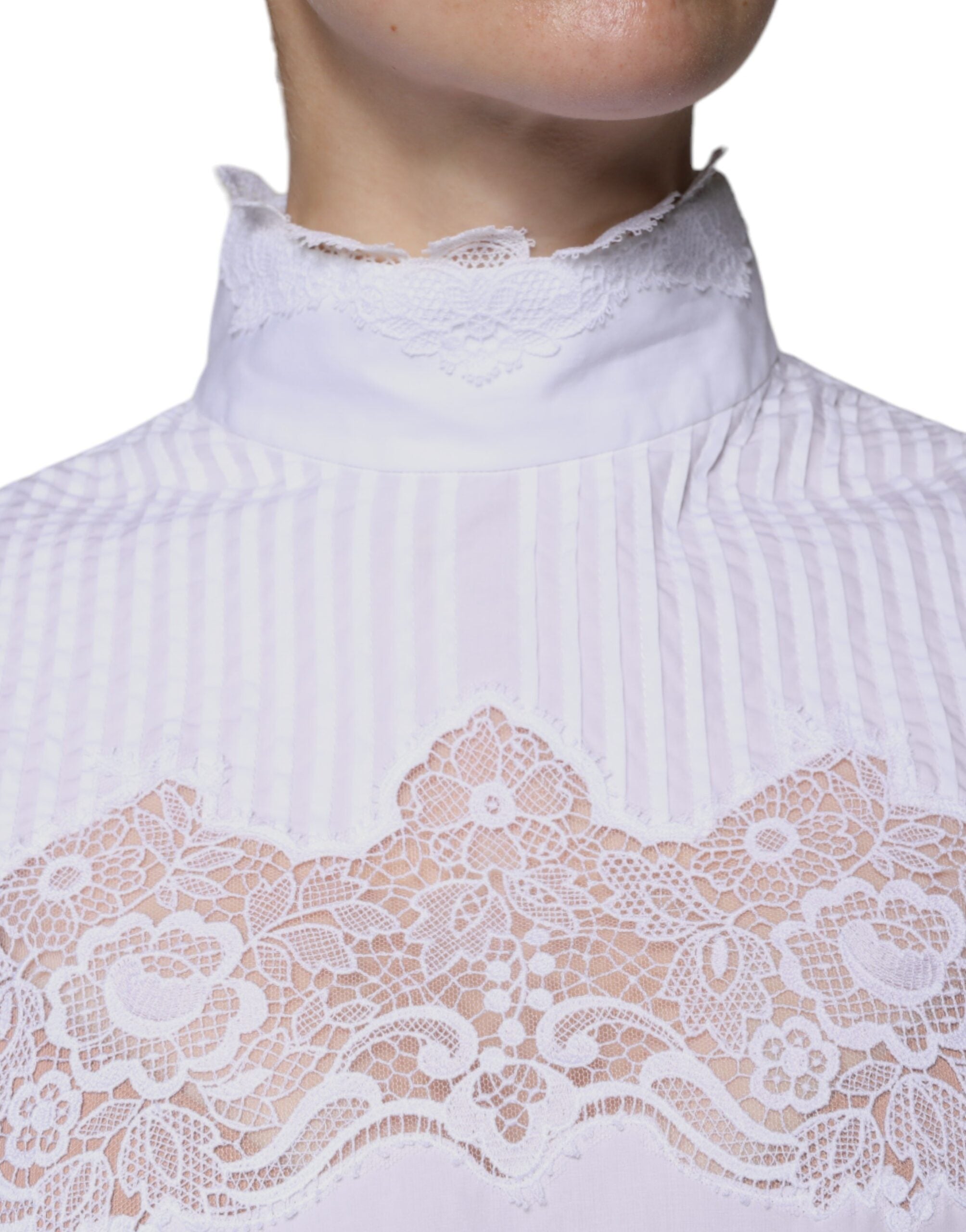 Dolce & Gabbana White Cotton Lace Trim Turtleneck Blouse Women's Top (Pre-Owned)