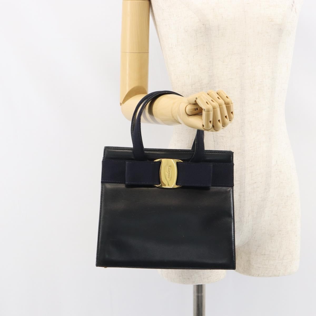 Salvatore Ferragamo Convertible Vara Bow Leather Navy Leather Handbag (Pre-Owned)