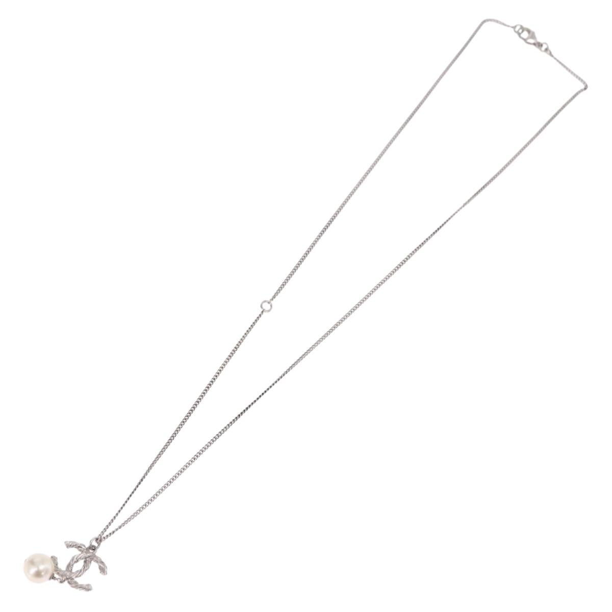 Chanel Cc Pearl Drop Pendant Metal With Faux Pearl Silver Metal Necklace Jewelry (Pre-Owned)