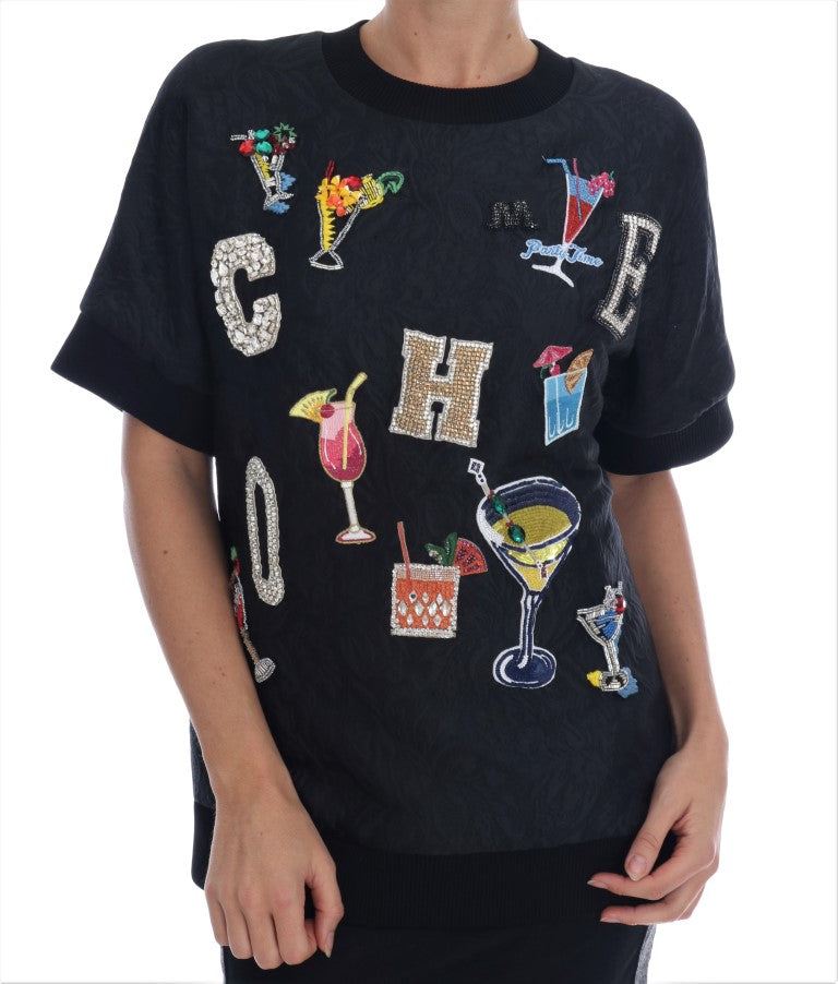 Dolce & Gabbana Black Brocade Cocktail Crystal Women's Sweater