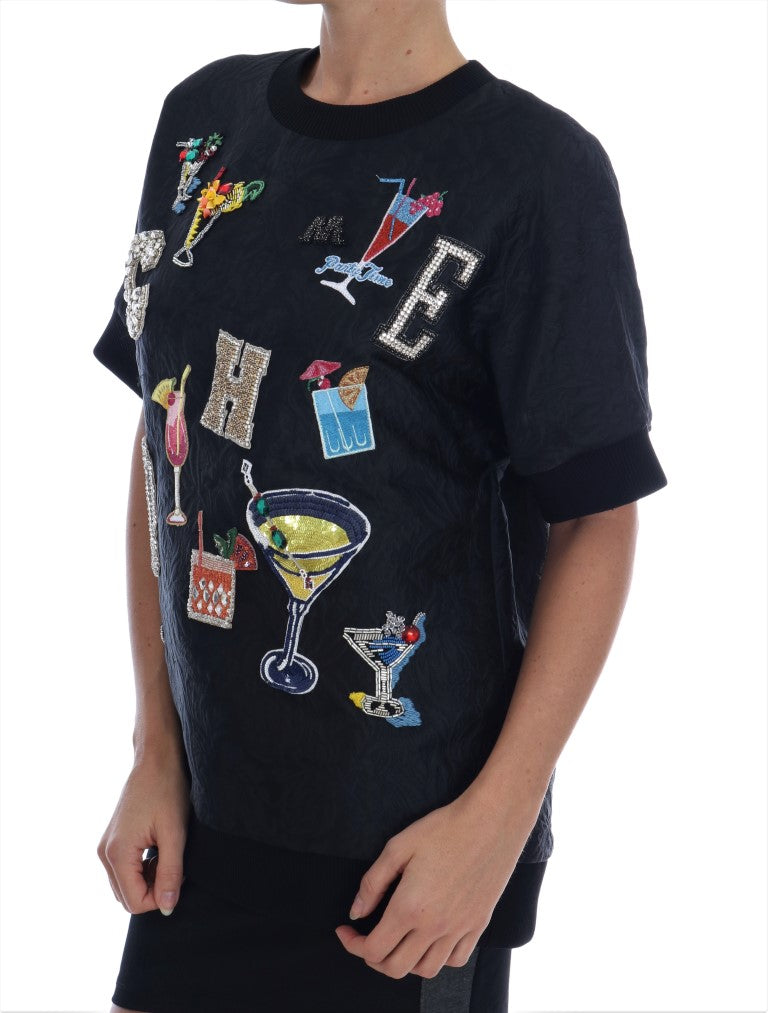 Dolce & Gabbana Black Brocade Cocktail Crystal Women's Sweater
