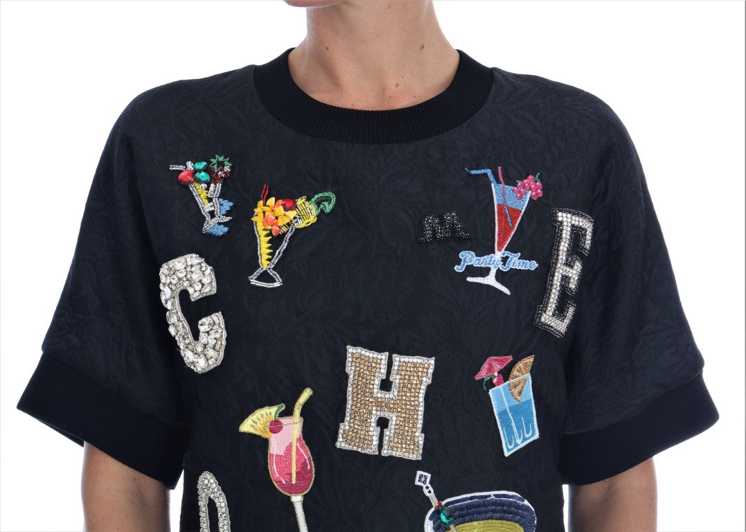 Dolce & Gabbana Black Brocade Cocktail Crystal Women's Sweater