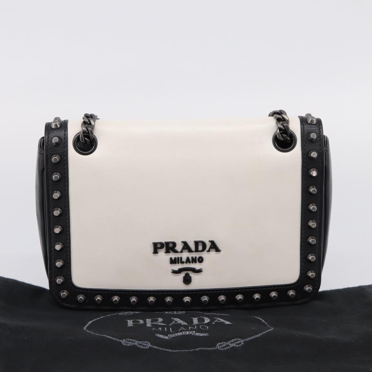 Prada Chain Flap Studded Glace Calf White Leather Shoulder Bag Bag (Pre-Owned)
