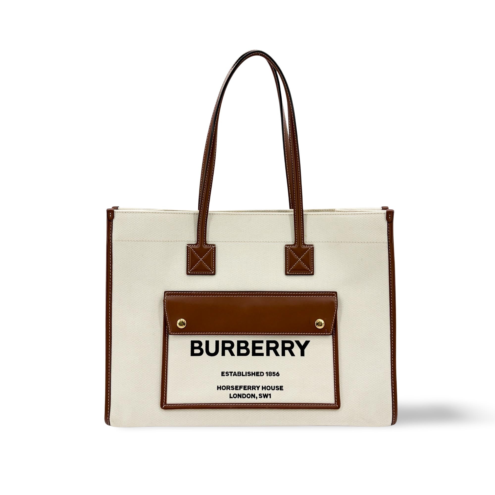 Burberry Freya Shopping Canvas With Leather Beige Canvas Tote Bag Bag (Pre-Owned)
