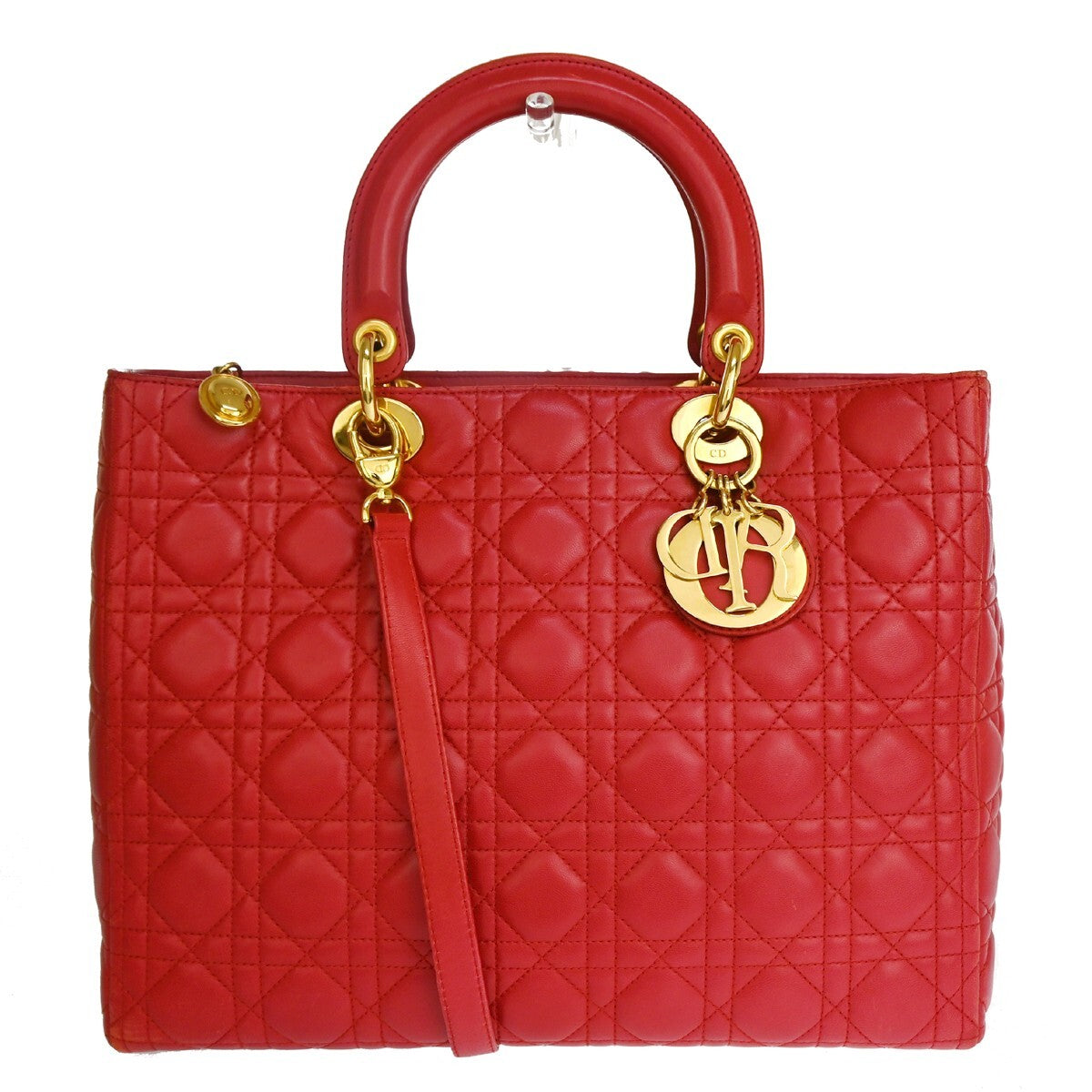 Christian Dior Vintage Lady Dior Cannage Quilt Lambskin Red Leather Bag (Pre-Owned)