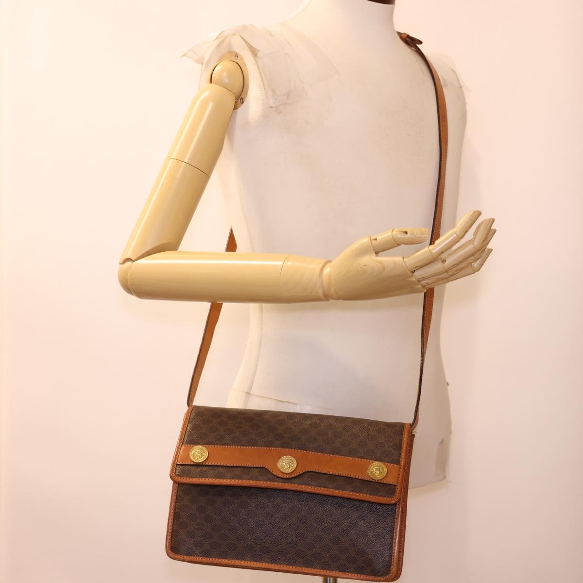 Celine Vintage Macadam Canvas And Leather Brown Canvas Shoulder Bag Bag (Pre-Owned)