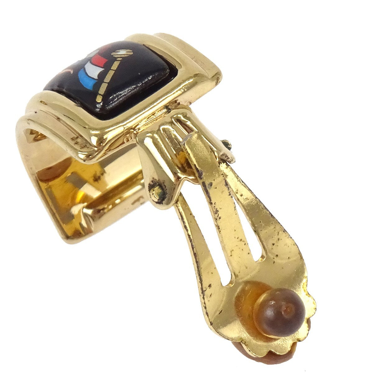 Hermes Vintage Half Hoop Clip-On Printed Enamel And Metal Gold Gold_Plated Earrings Jewelry (Pre-Owned)
